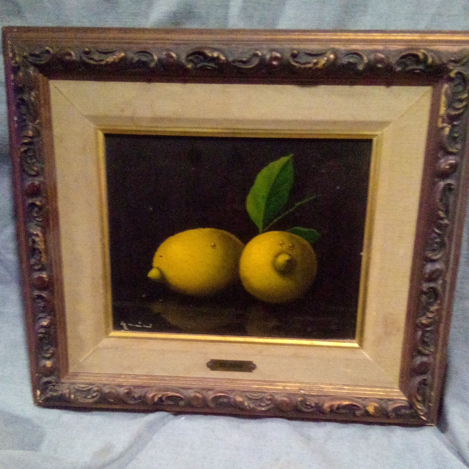 Gusini Framed Signed Realism Still Life Fruit Painting Lemons w/ Leaf.