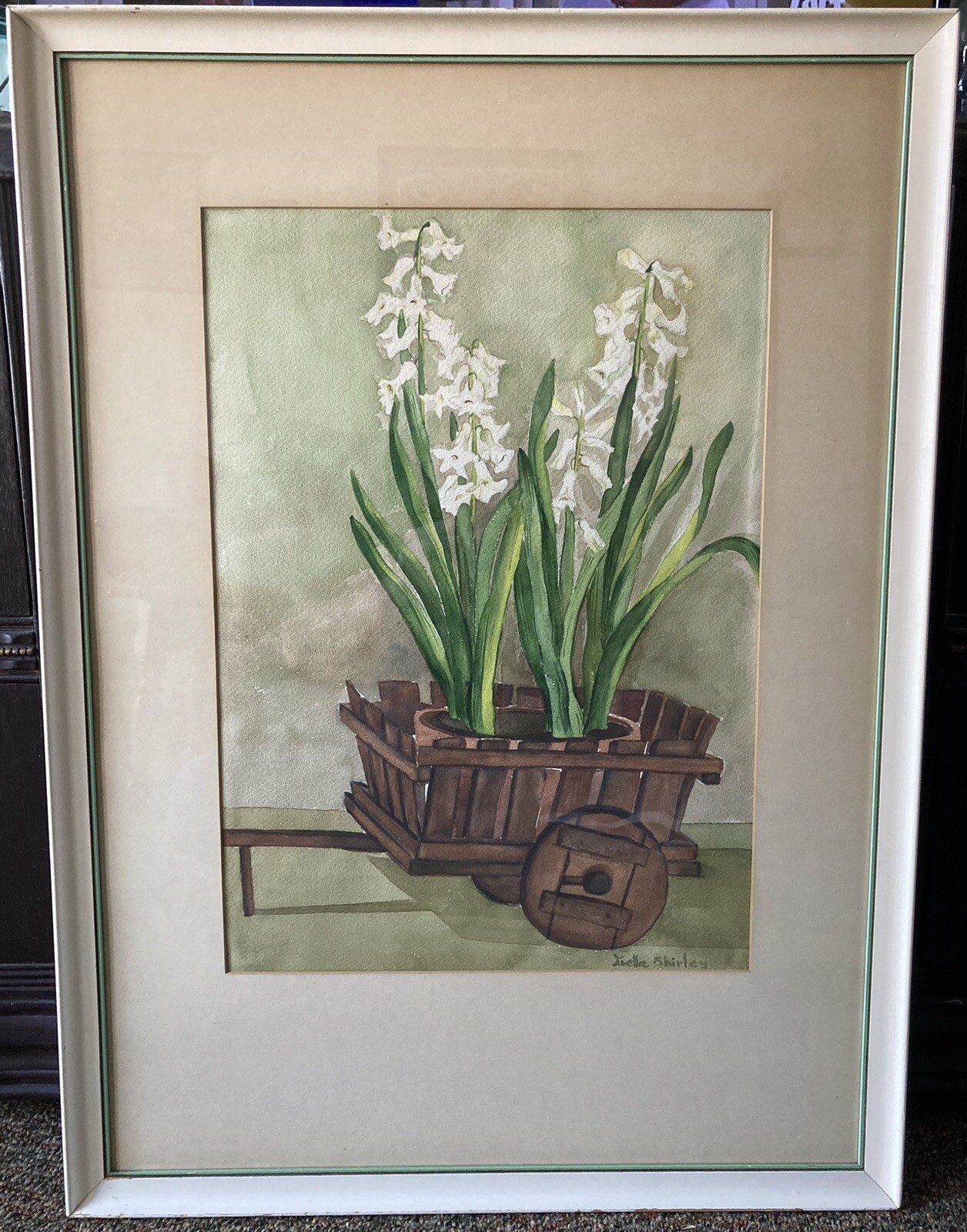 ~Vintage Original Watercolor Art Painting~Plant In Cart~By Luella Shirley~Rare~