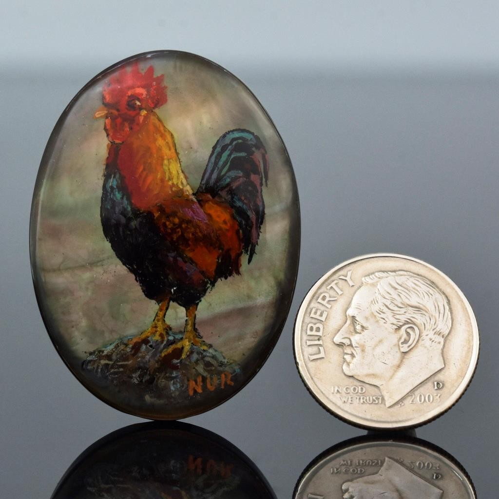 Rooster Original Artisan Painted Mother-of-Pearl Shell Oval Cabochon 35x26mm