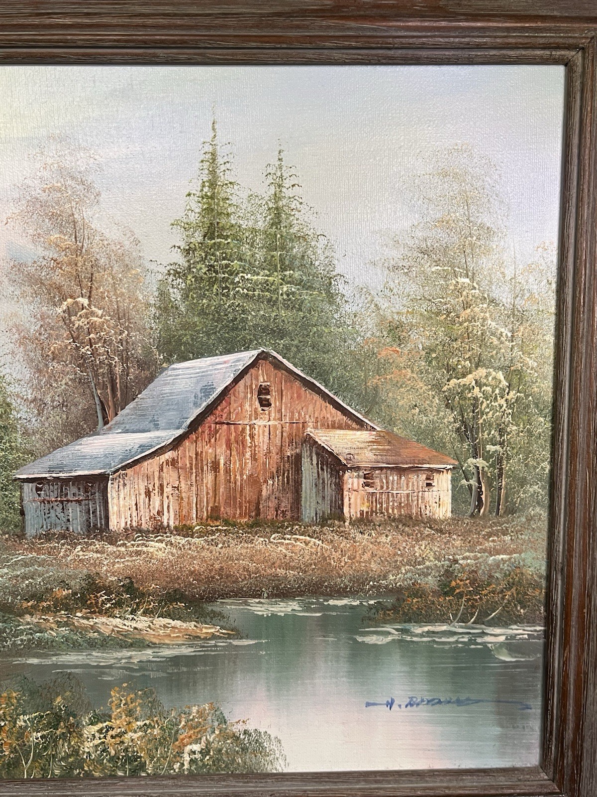 VINTAGE ORGINAL OIL ON CANVIS RUSTIC BARN ON WATER SCENE FRAMED 12 X 16” SIGNED