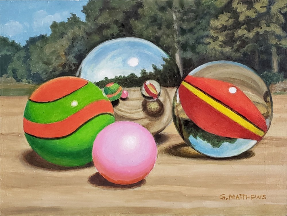 Original Oil Painting Still Life Marbles Outside Landscape 5.5 x 7 x 1/8 in.