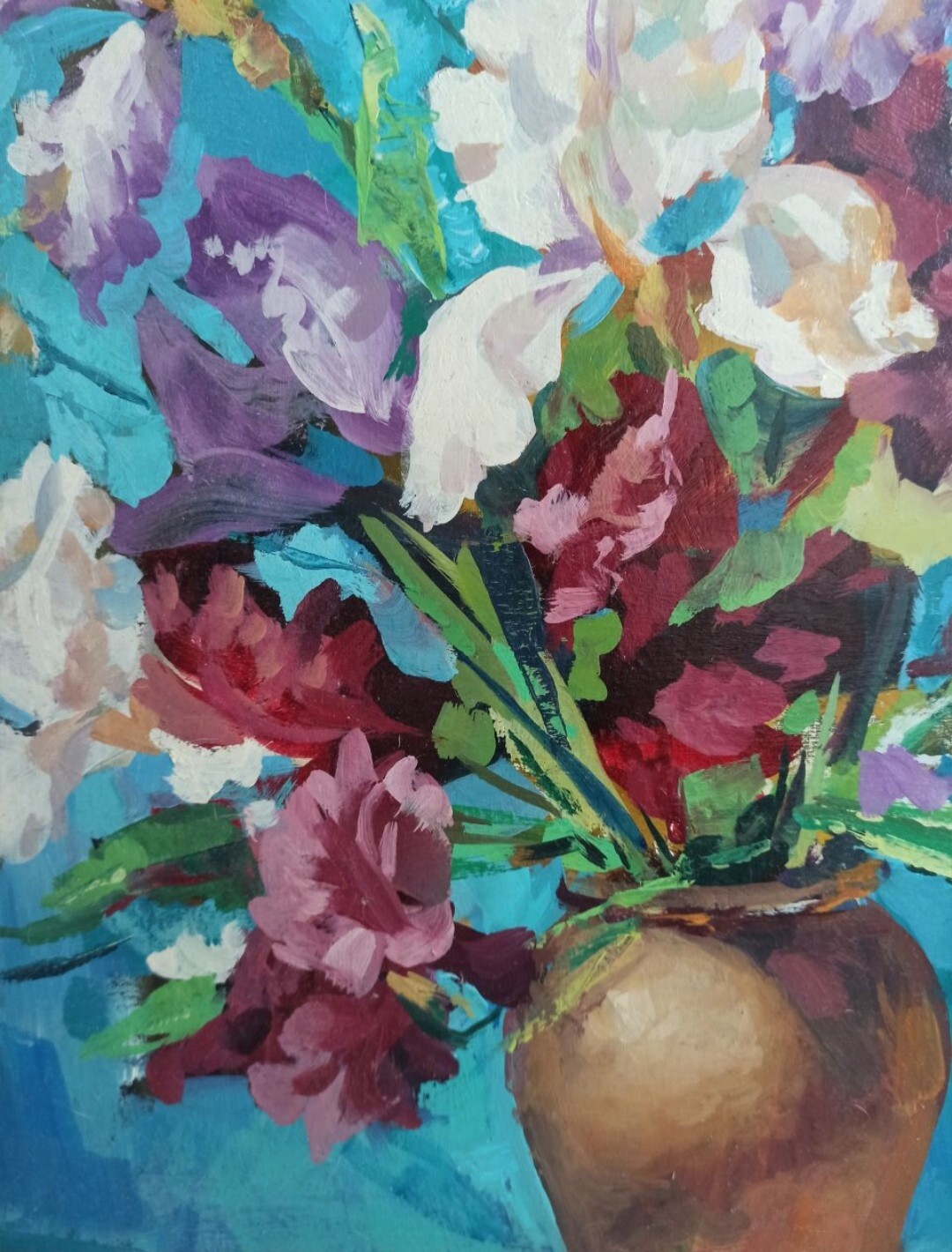 ORIGINAL Painting on canvas Bouquet of Irises Realism 19.68/15.74 inch
