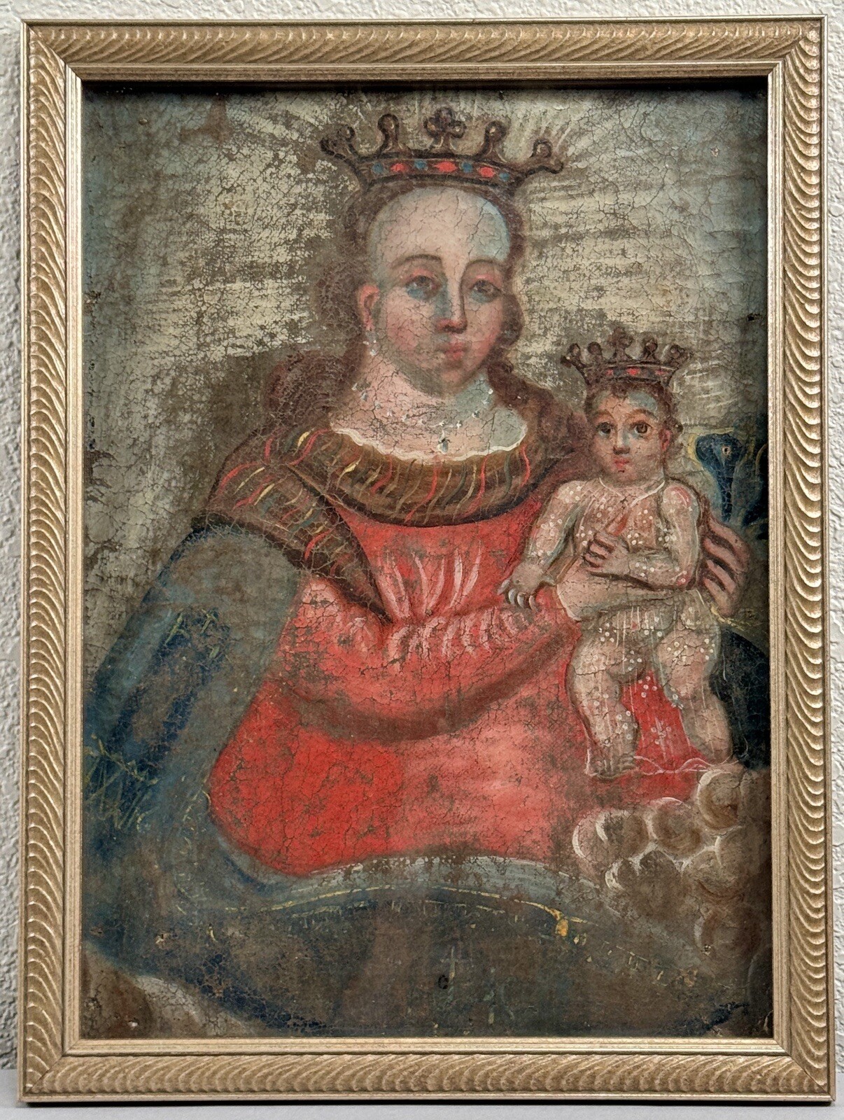 18th Century Spanish Colonial Oil Painting Madonna Virgin Mary Christ Retablo