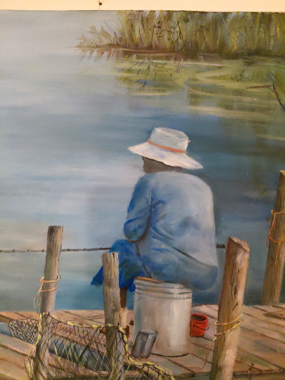 Old Woman Fishing in the Bayou Louisiana Oil on Canvas 16 x 20 Nellie B. Johnson
