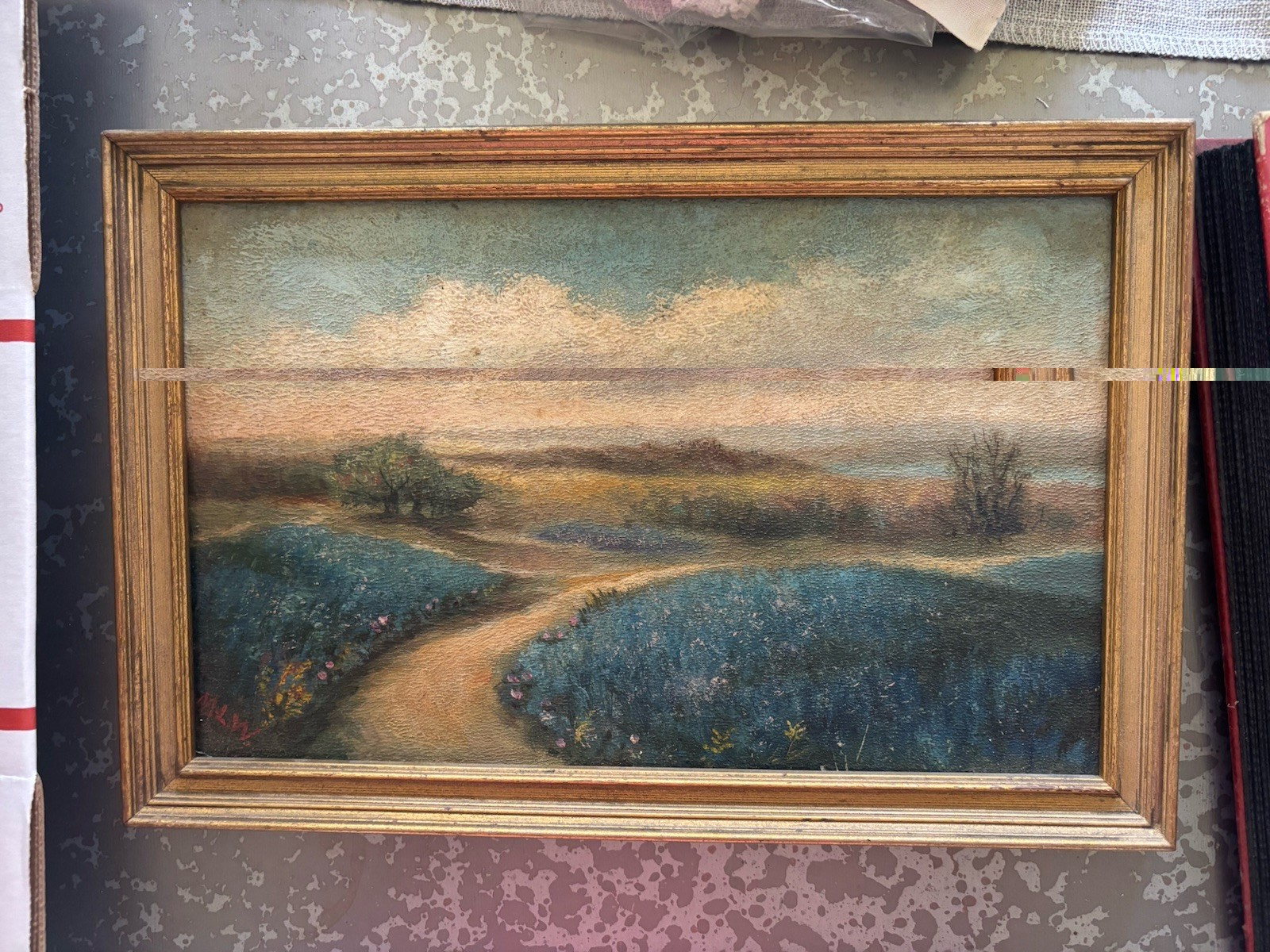 Impressionist Framed Landscape Path Field Trees Sky Painting on board