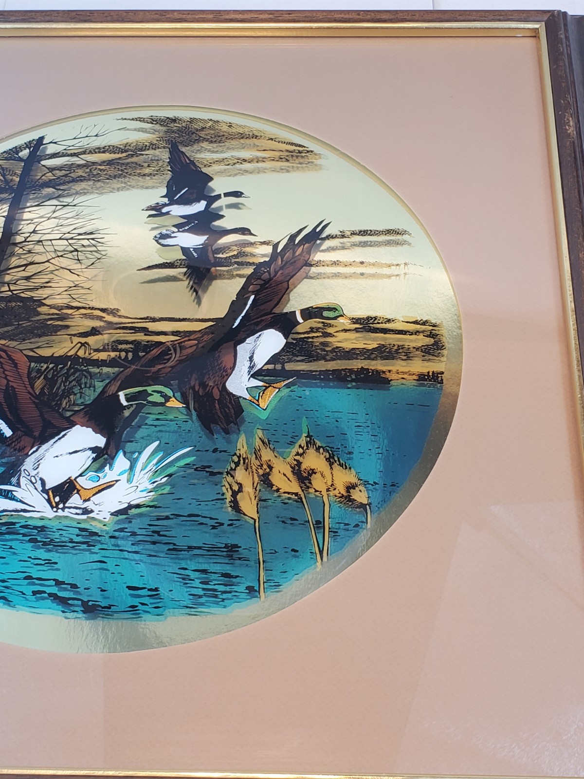 VTG Jim Roslof Framed Reverse Glass Painting Ducks In Flight Wildlife 1970’s