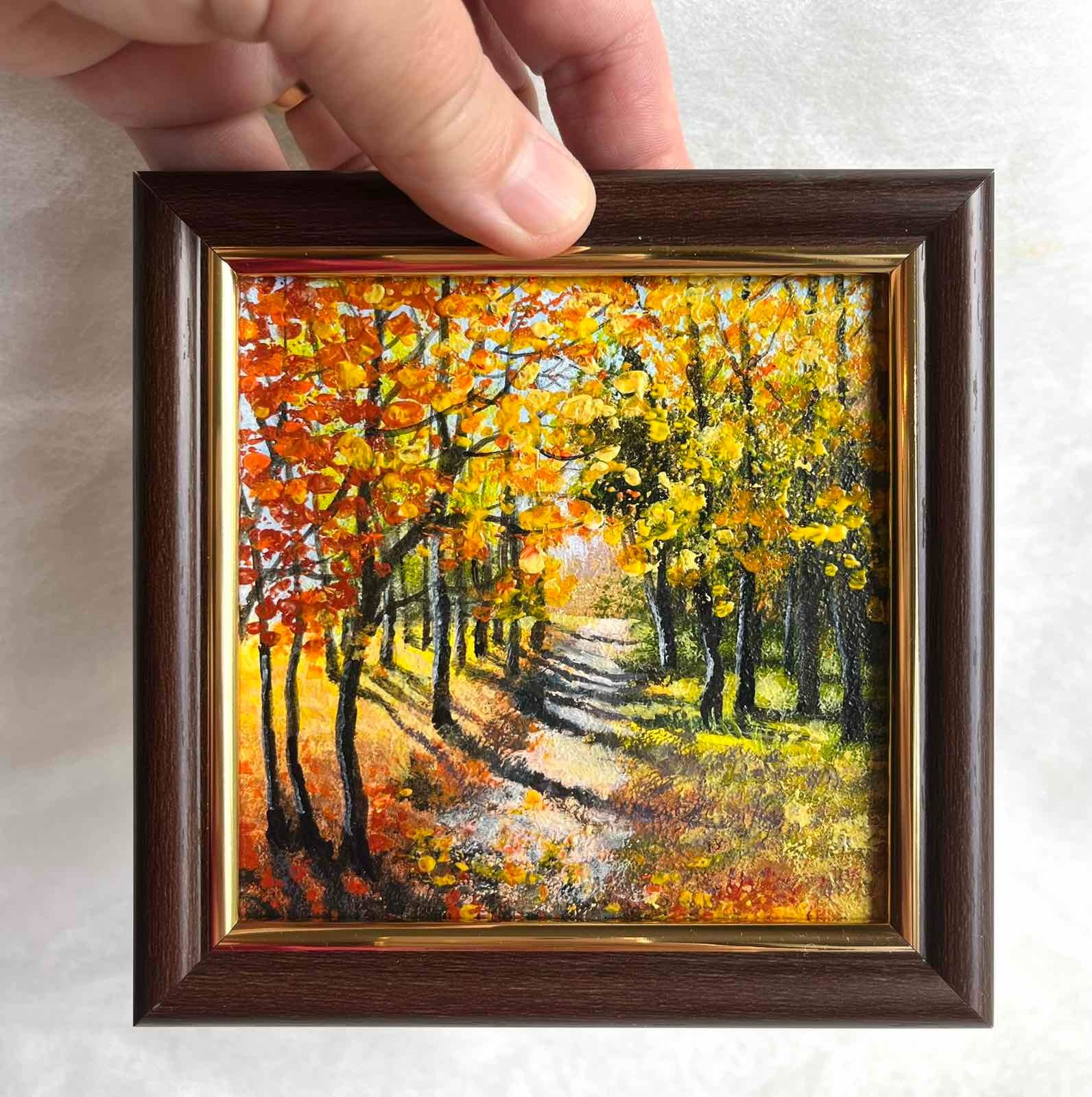 Autumn ORIGINAL ACRYLIC PAINTUNG Landscape Forest Framed Small Wall Art 4 x 4 in