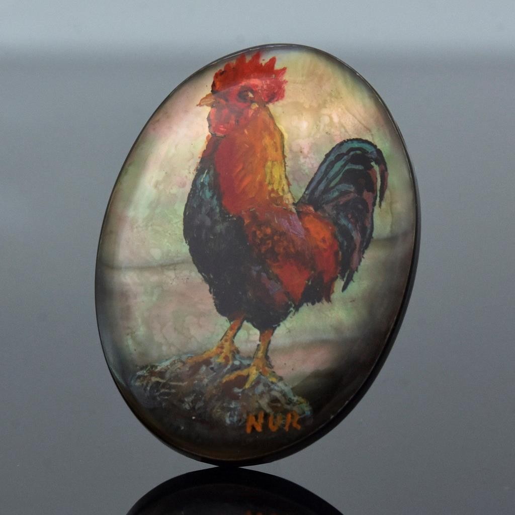 Rooster Original Artisan Painted Mother-of-Pearl Shell Oval Cabochon 35x26mm