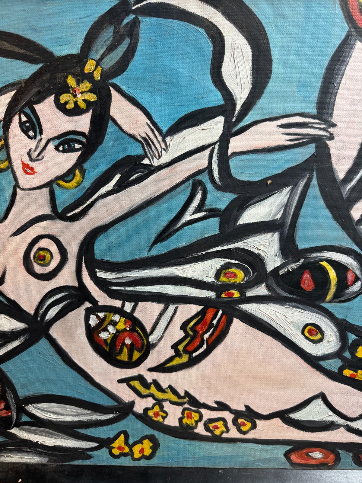 Luba Schiff Framed Figural Mermaid Painting on Canvas Signed Folk Modern 24 x 18