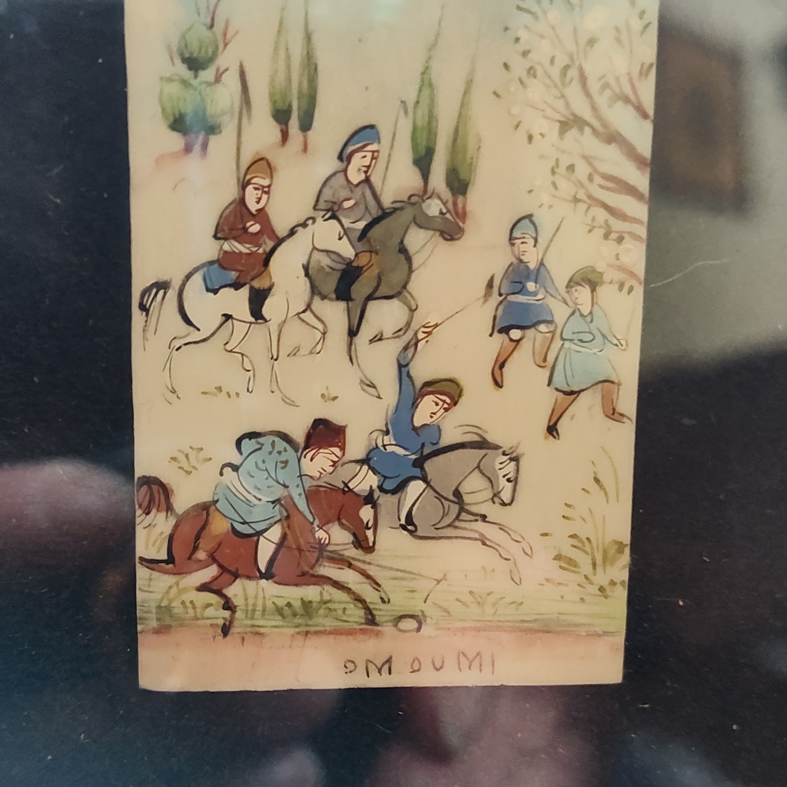 OMDUMI Persian Miniature Framed Horsemen Gouache Painting Signed Small Art