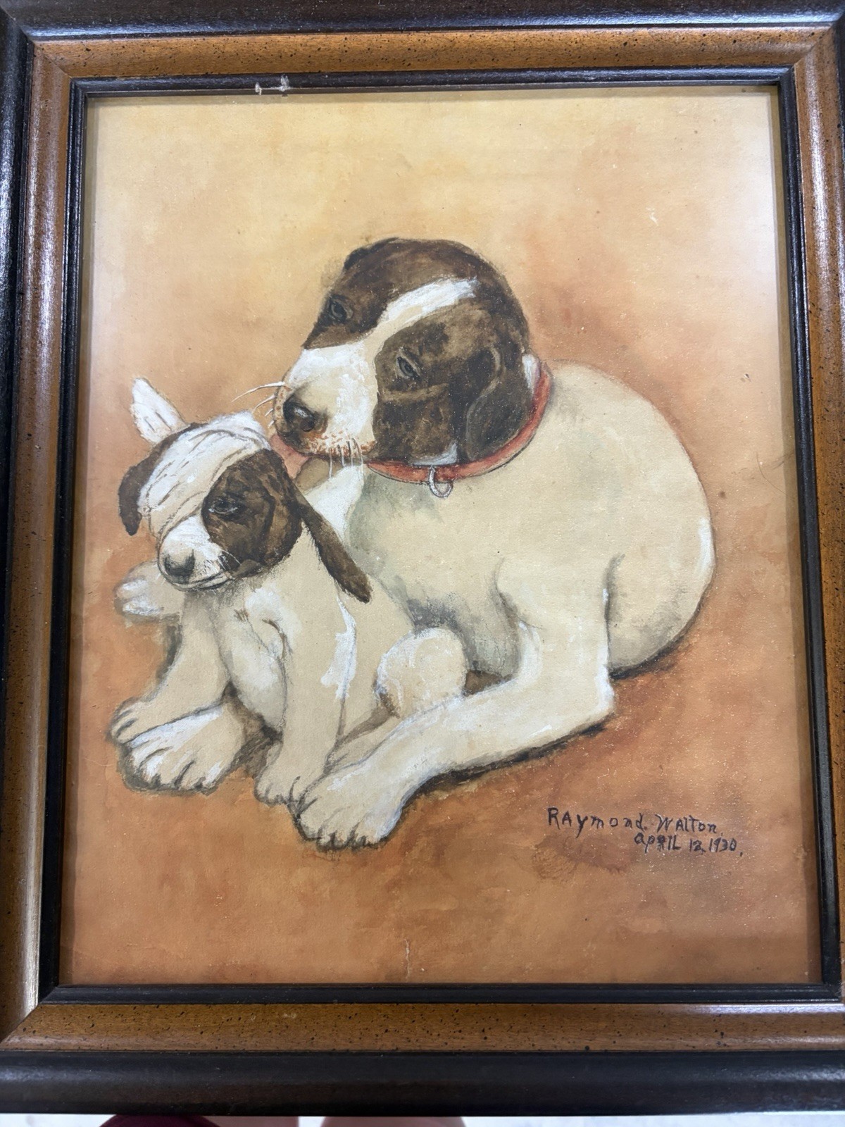 Raymond Walton 1930 Signed Realism Dog & Puppy Paintings Lot, Small Framed.