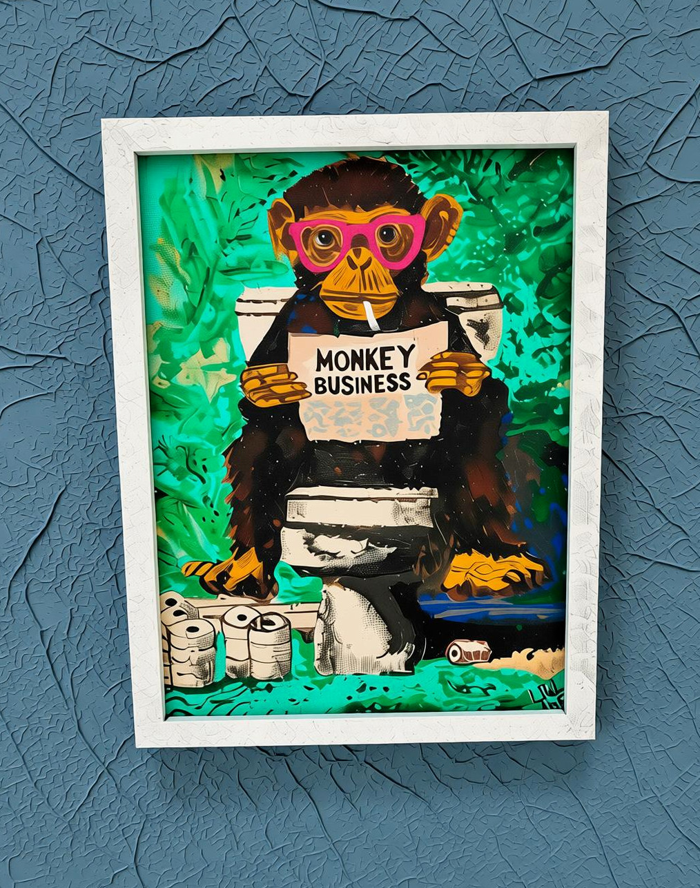 Hand-Painted Monkey Reading Newspaper Bathroom Art, Quirky Animal Print, Framed