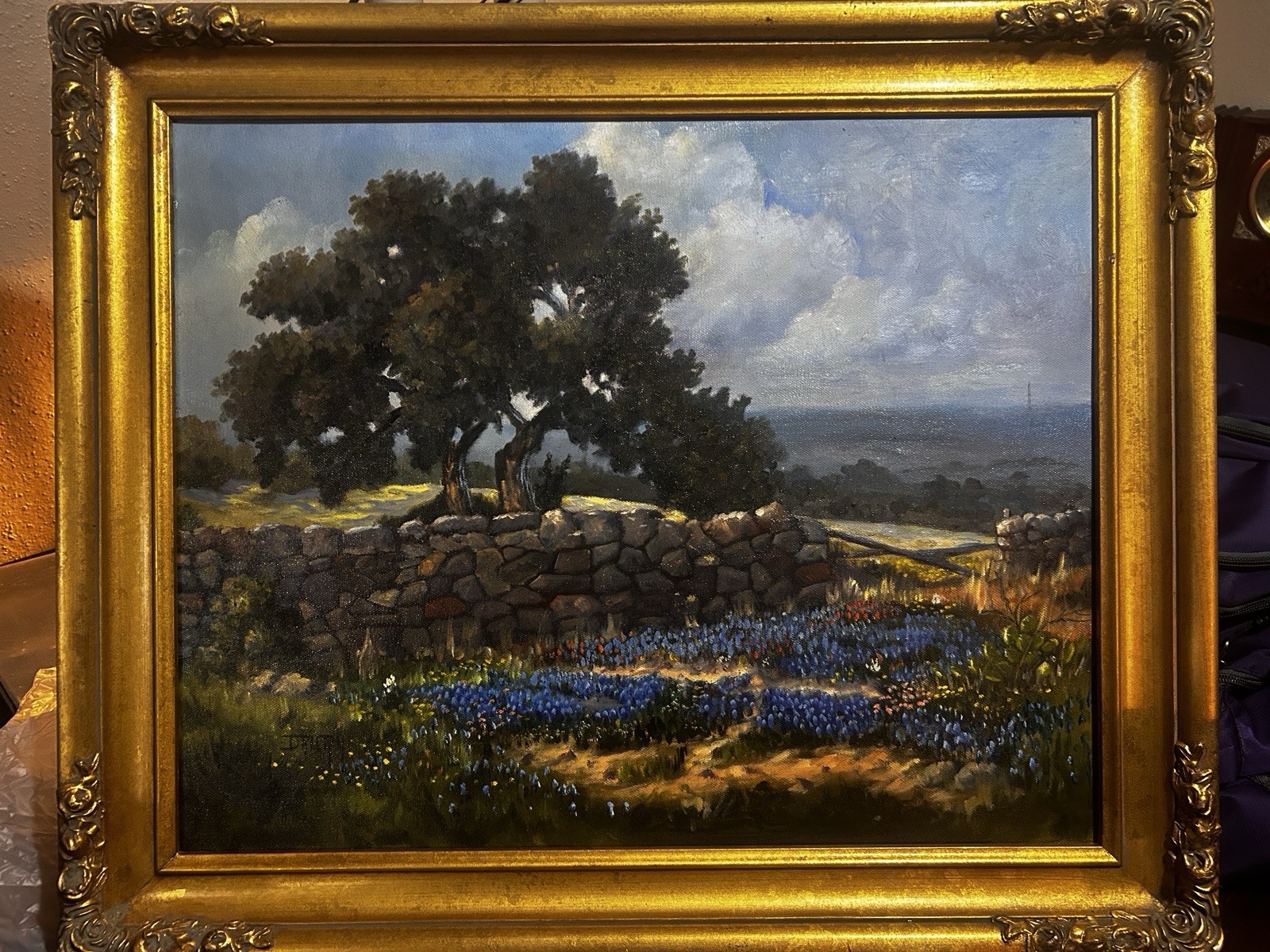 Drury Original Oil Painting Landscape Tree Stone Wall Wildflowers Signed Framed