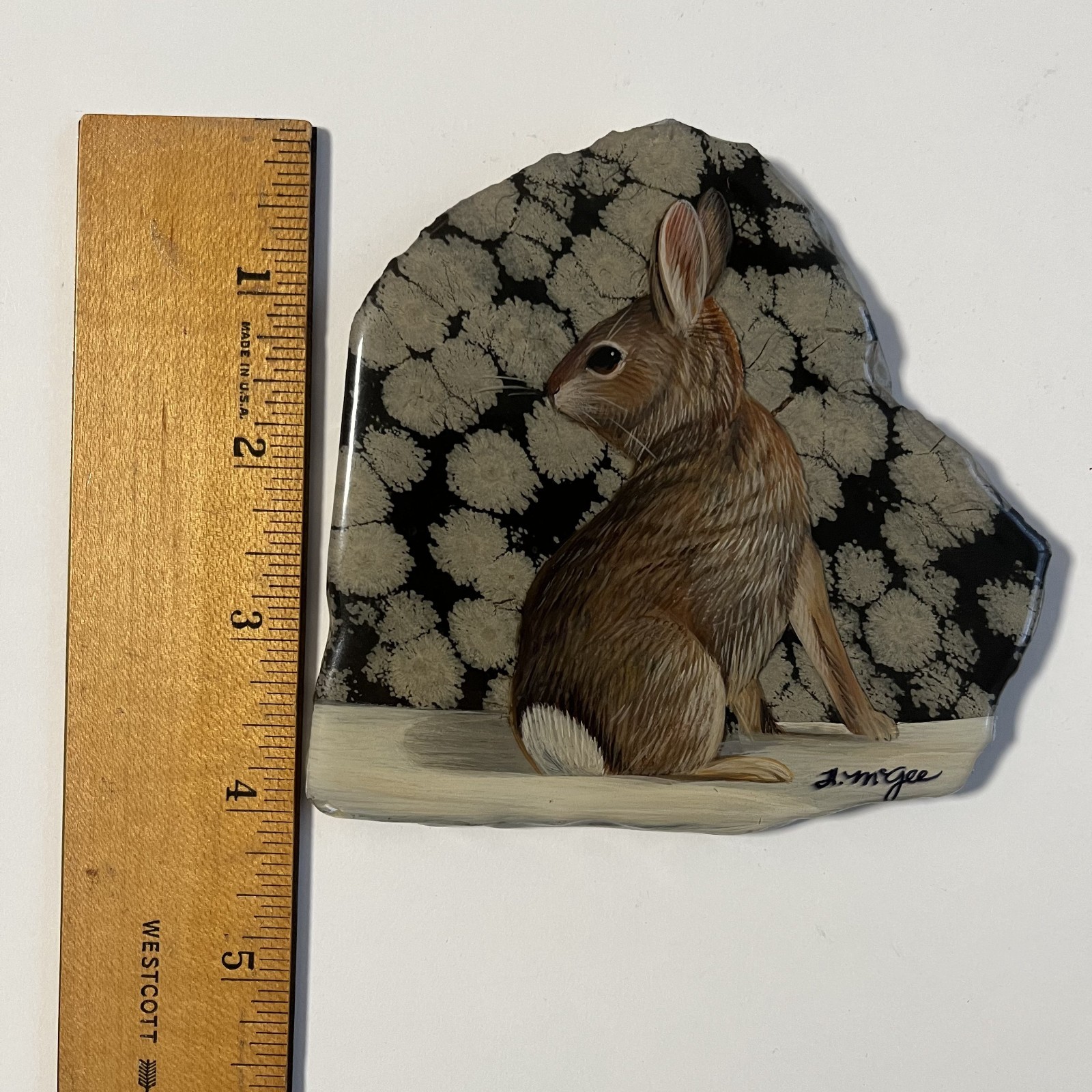 Heather Haynes McGee Painting Rabbit on Snowflake Obsidian