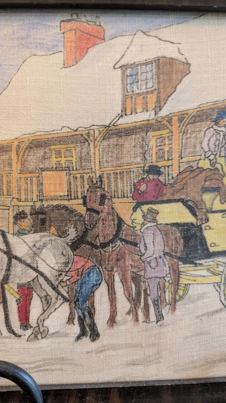 13×9″ Crayon Drawing on Fabric Naïve or Primitive Style Folk Art 1960x