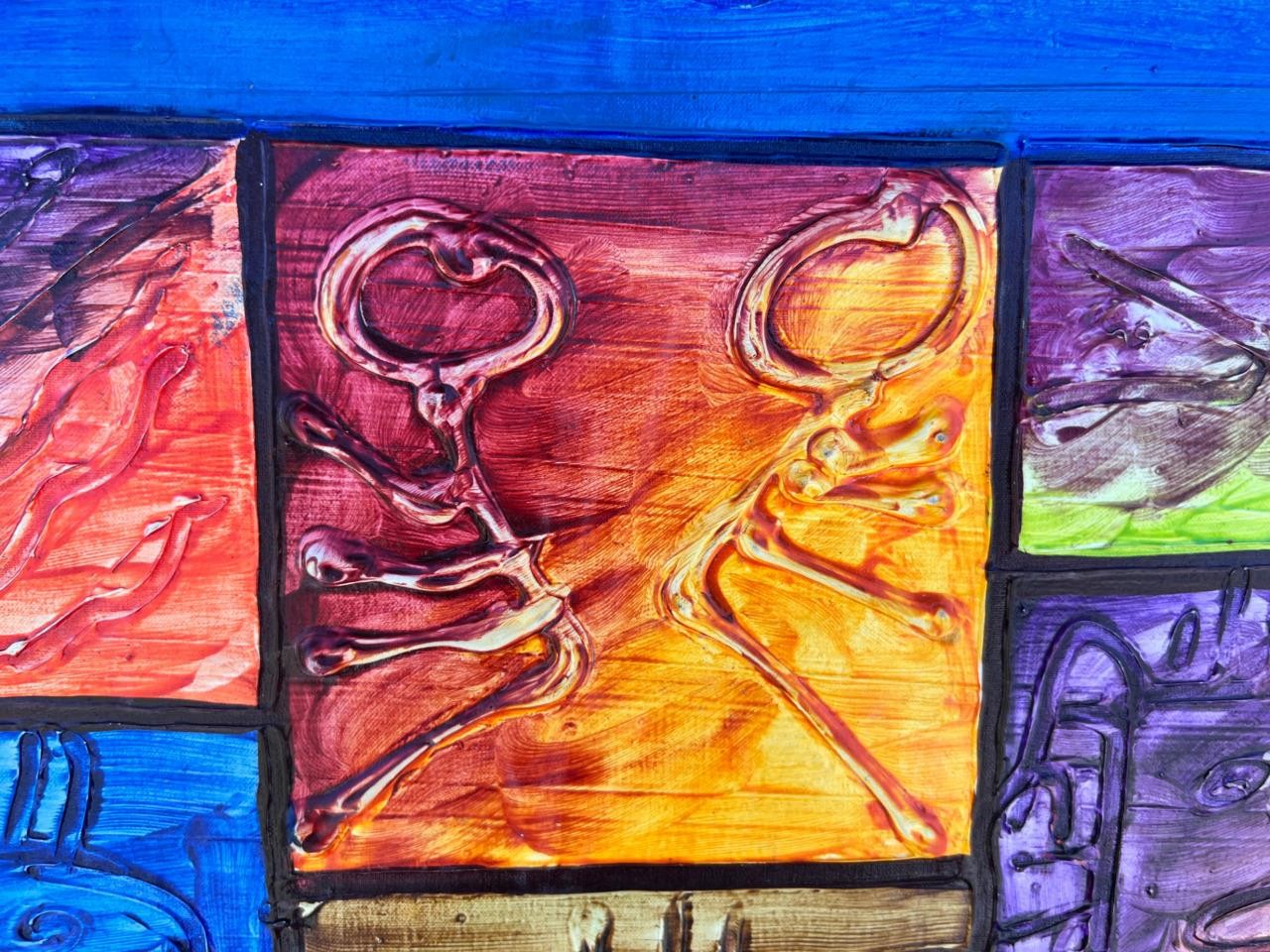 Original Coloful Mosaic Mixed Media Art Acrylic or Oil Painting Signed Rosena