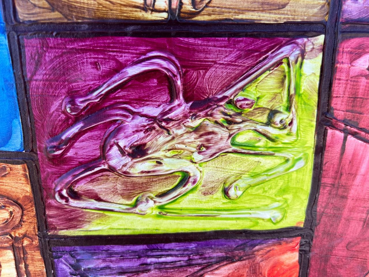 Original Coloful Mosaic Mixed Media Art Acrylic or Oil Painting Signed Rosena