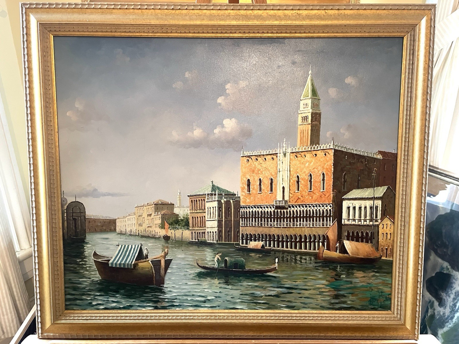 Vintage Canaletto Style Venice, Italy Oil Painting Featuring Doges Palace