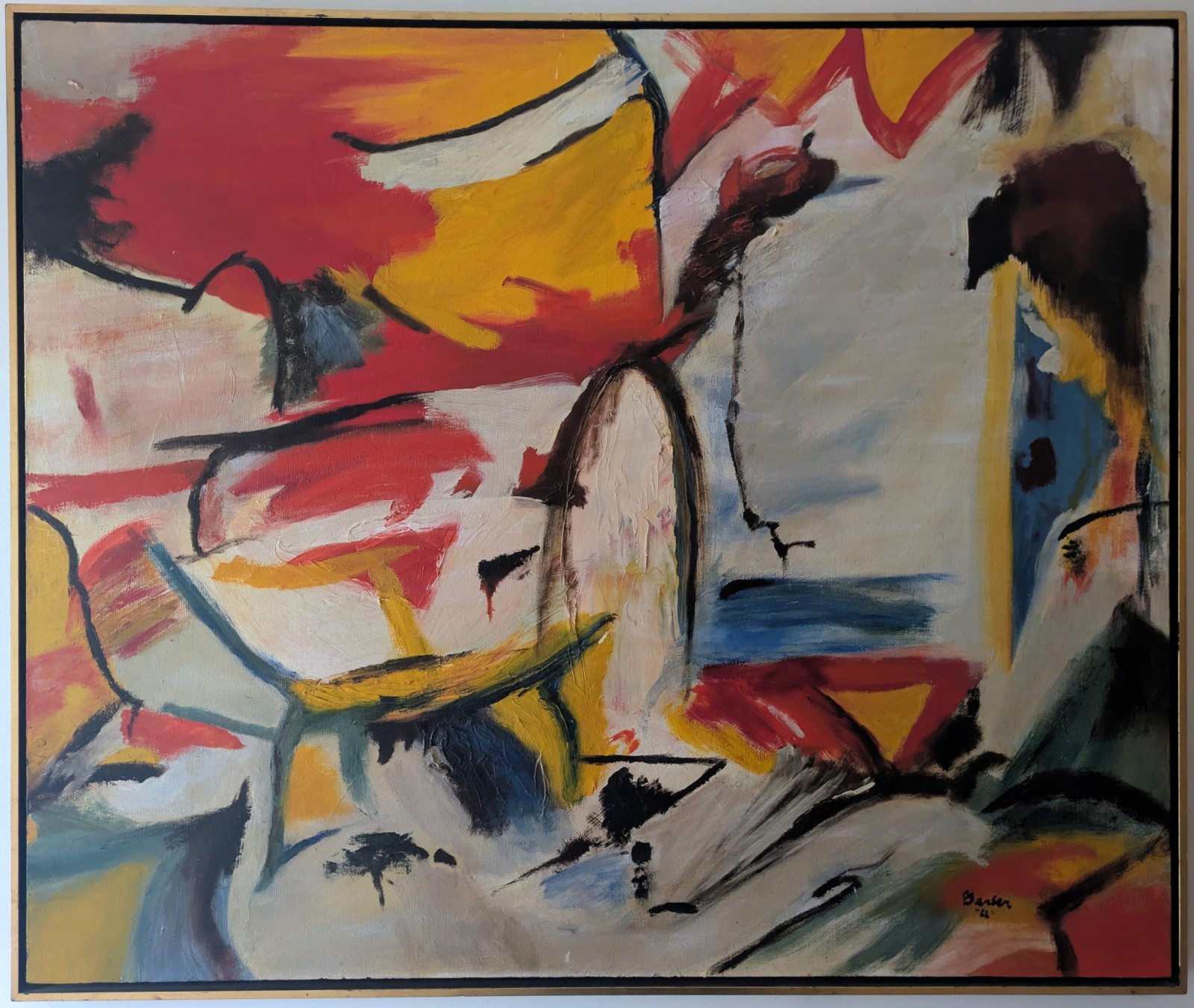 3′ Vintage 1966 mcm midcentury Oil Painting Abstract Expressionist primary color