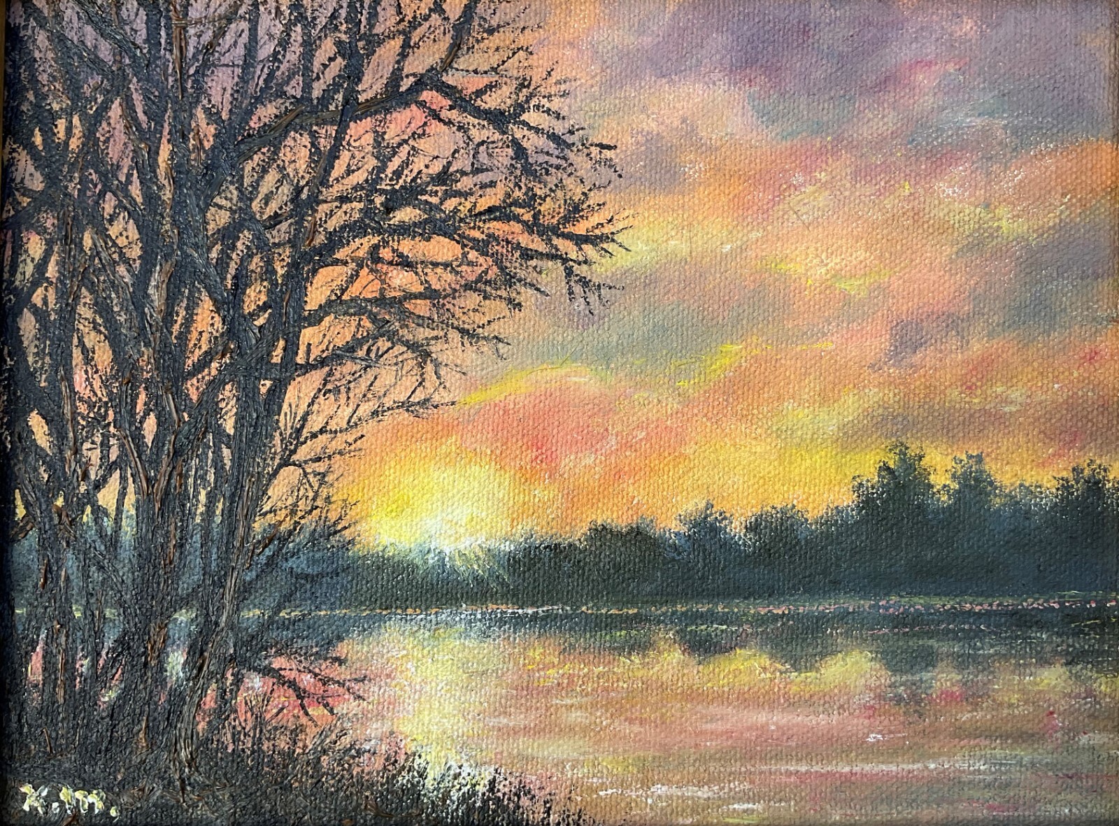 SUNRISE ON THE RIVER – original framed oil landscape painting on 6X8 inch canvas