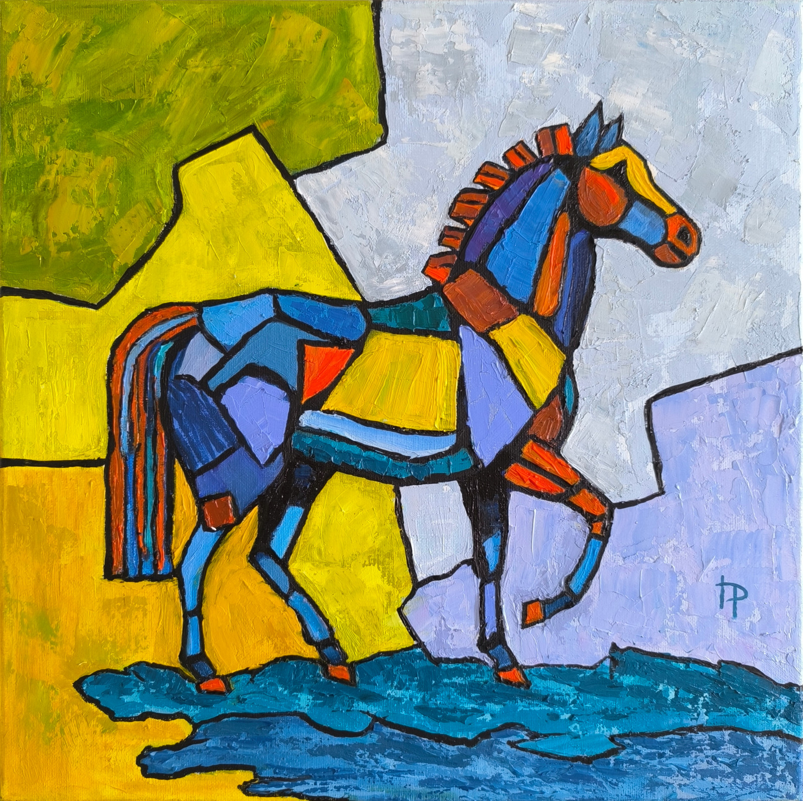 Colorful Cubist Horse Painting Original Oil on Canvas 17×17″ Modern Animal Art