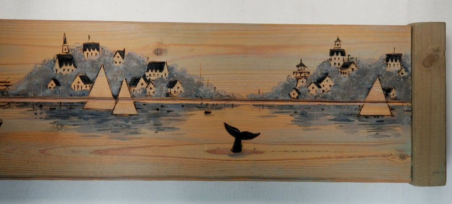 Fine American Folk Art Thom Cassotta harbor view wood painted & Burned Technique