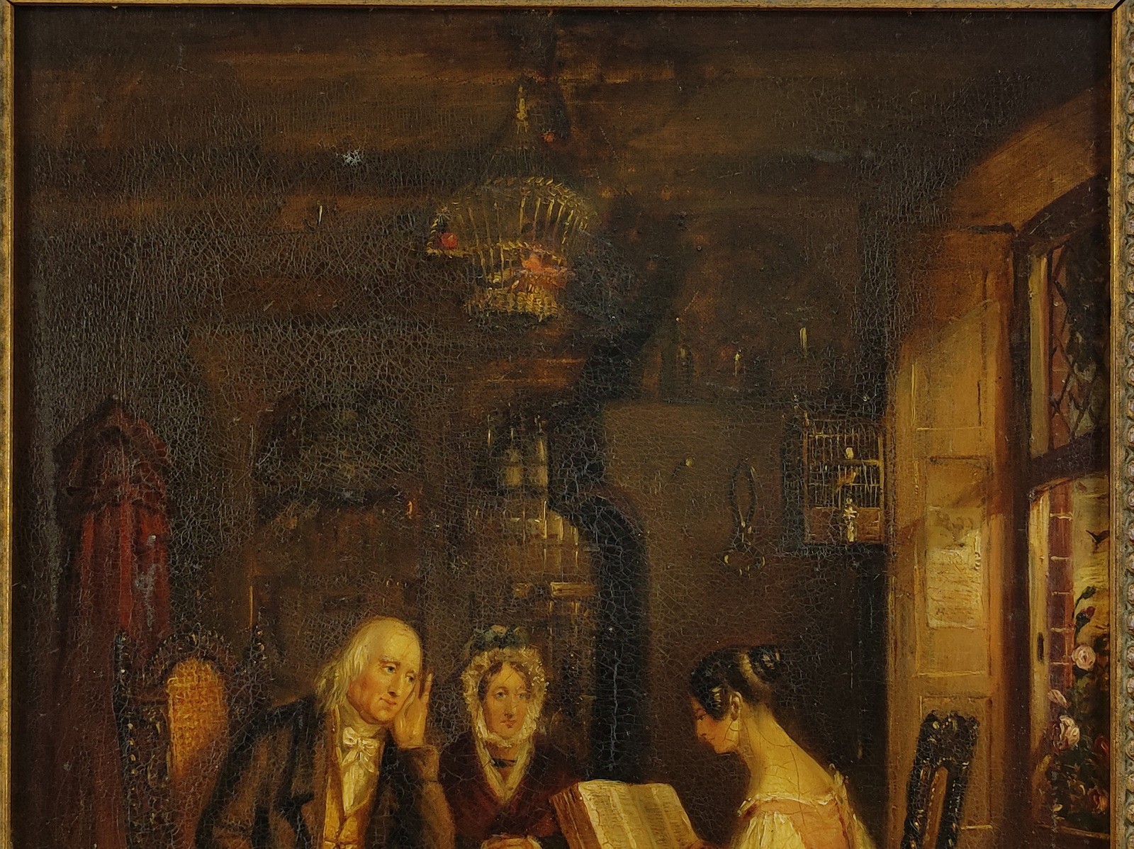 ANTIQUE 19TH C. INTERIOR GENRE SCHOOL OIL PAINTING ON CANVAS, «SUNDAY EVENING».
