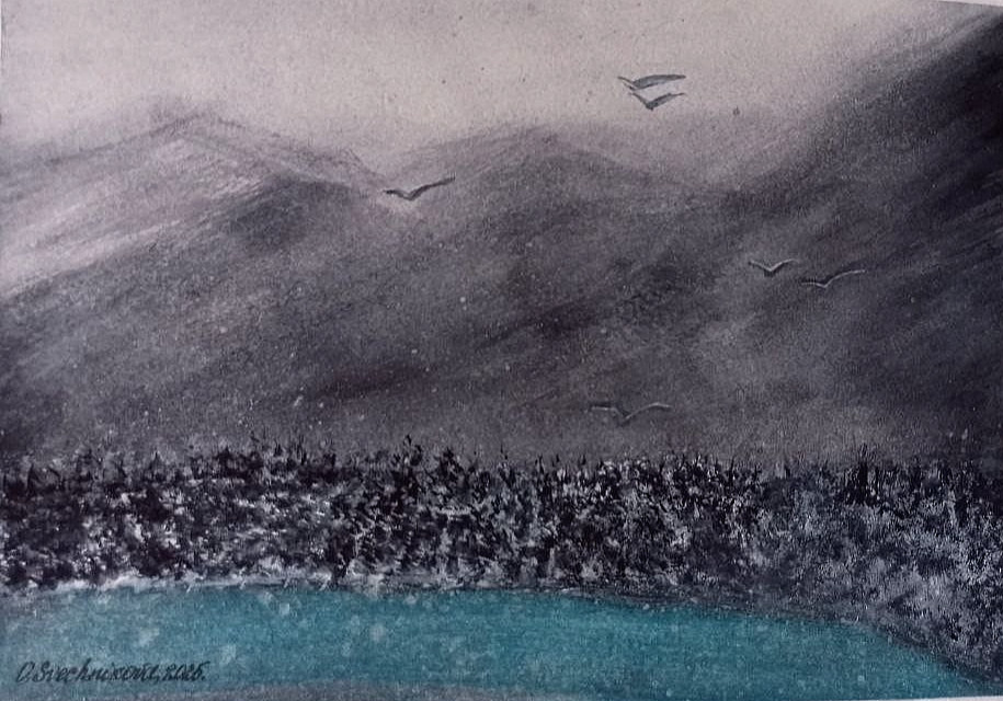 Original watercolor painting of a winter landscape gray day snow-cappedmountains