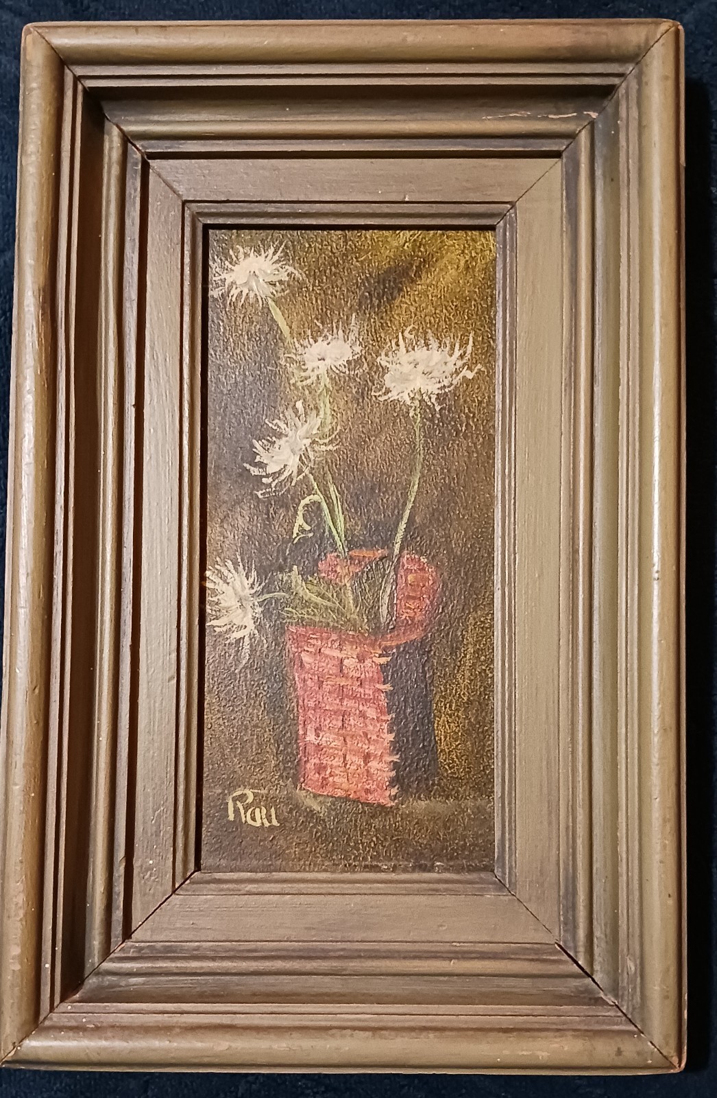 VINTAGE MINIATURE STILL LIFE SIGNED BY RAU OIL ON BOARD 5 3/4 × 9 GREEN FRAME