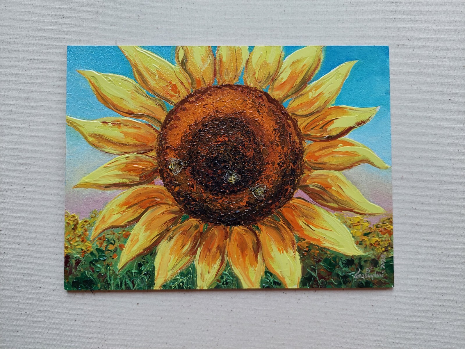 Bees on Sunflower Original Oil Painting, Blossoming Summer Textured flower art