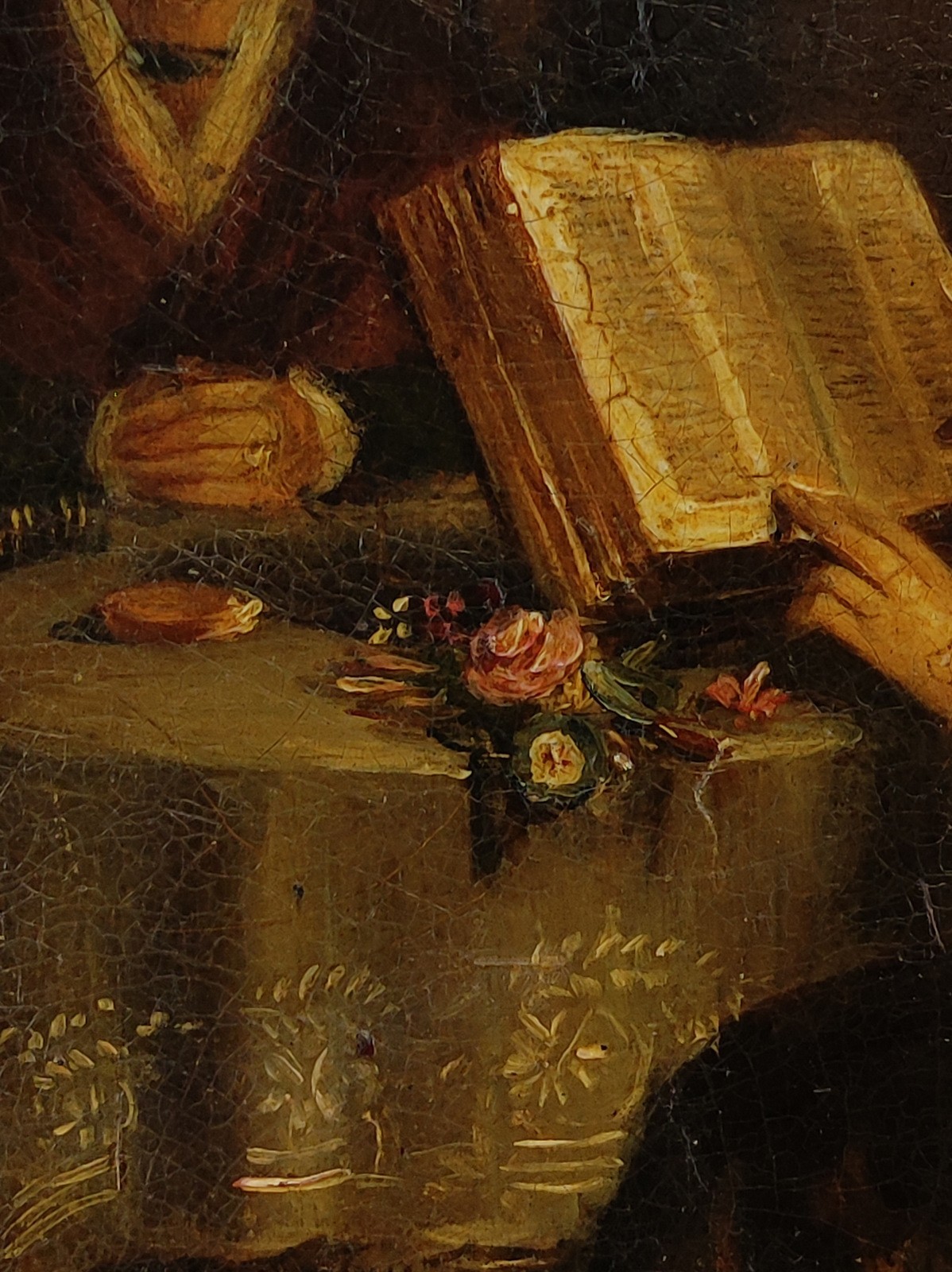 ANTIQUE 19TH C. INTERIOR GENRE SCHOOL OIL PAINTING ON CANVAS, «SUNDAY EVENING».