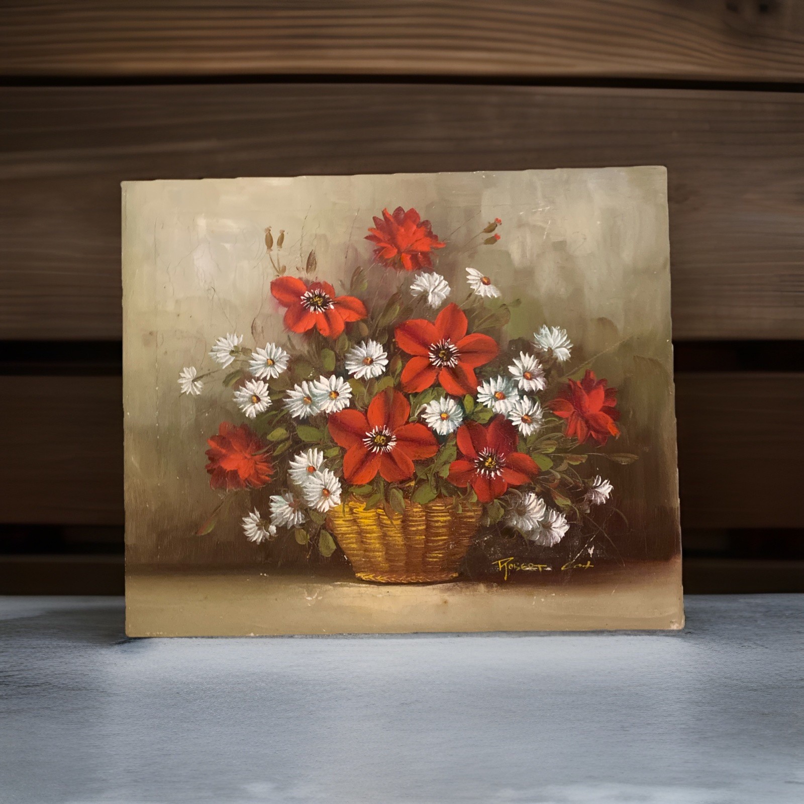 Vtg Signed Robert Cox Oil on Canvas Red Floral Daisies Still Life 24” X 20”