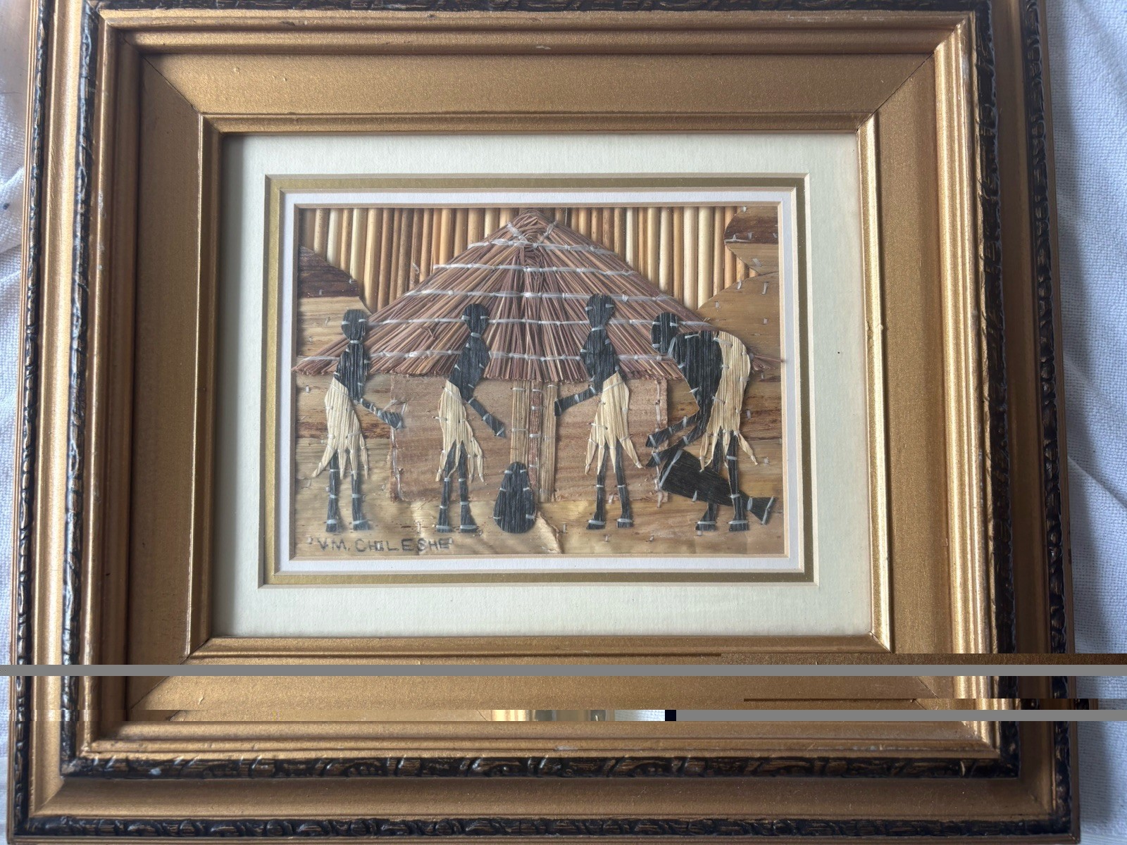 Framed Western Mwamlima Dry Banana – Leaf Art VTG African School Children’s Art