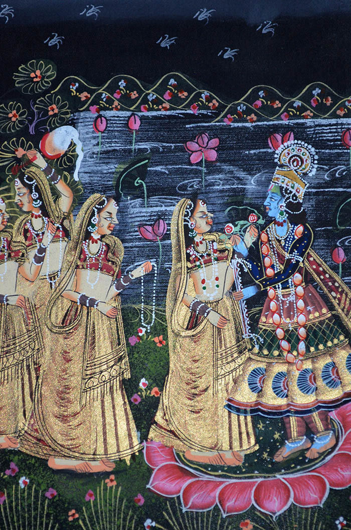 Original Radha Krishna Miniature Indian painting on silk cloth natural colors