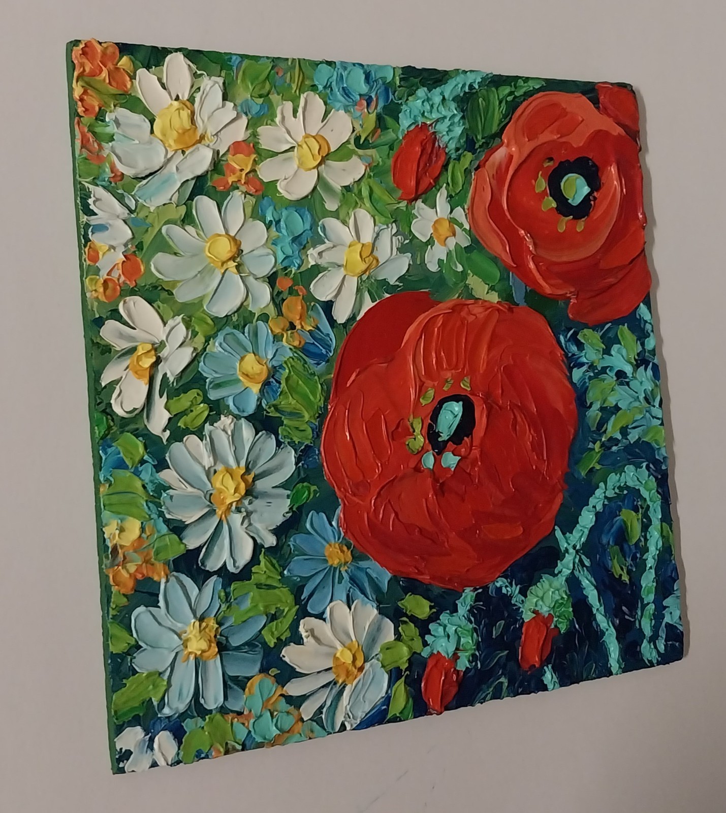Framed Daisies Red Poppies Summer Wildflowers 5×5” Impasto Oil Painting Original