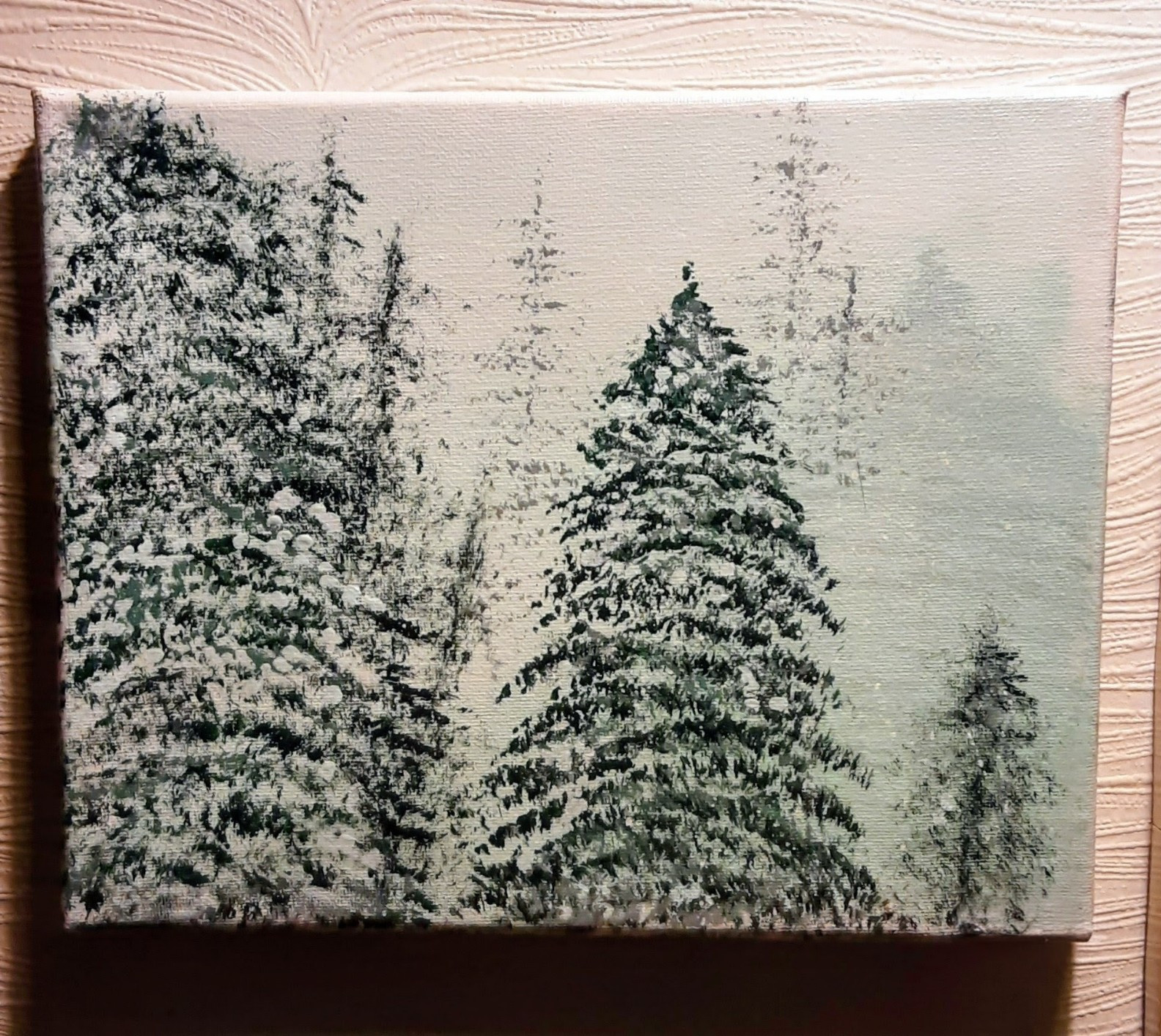 Snow Pine Trees Forest Winter Green White Christmas Acrylic Painting Rustic OOAK