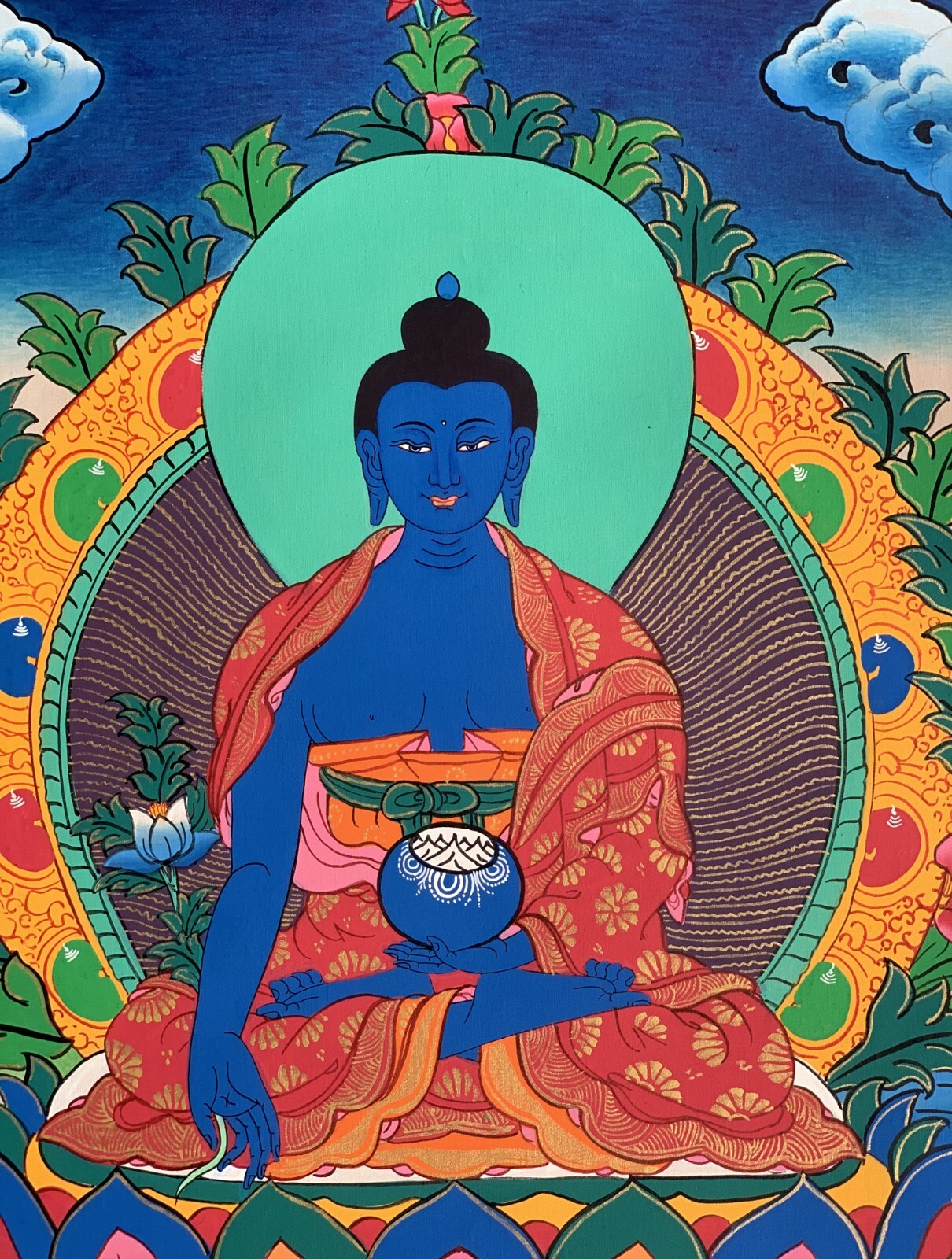 ORIGINAL HAND-PAINTED MEDICINE BUDDHA/ BHAISAJYAGURU TIBETAN THANGKA PAINTING