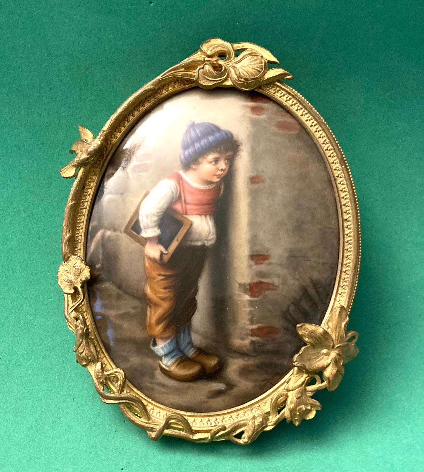 RARE Hand Painted Plaque of a Boy by Franz Xaver Thallmaier, Munich