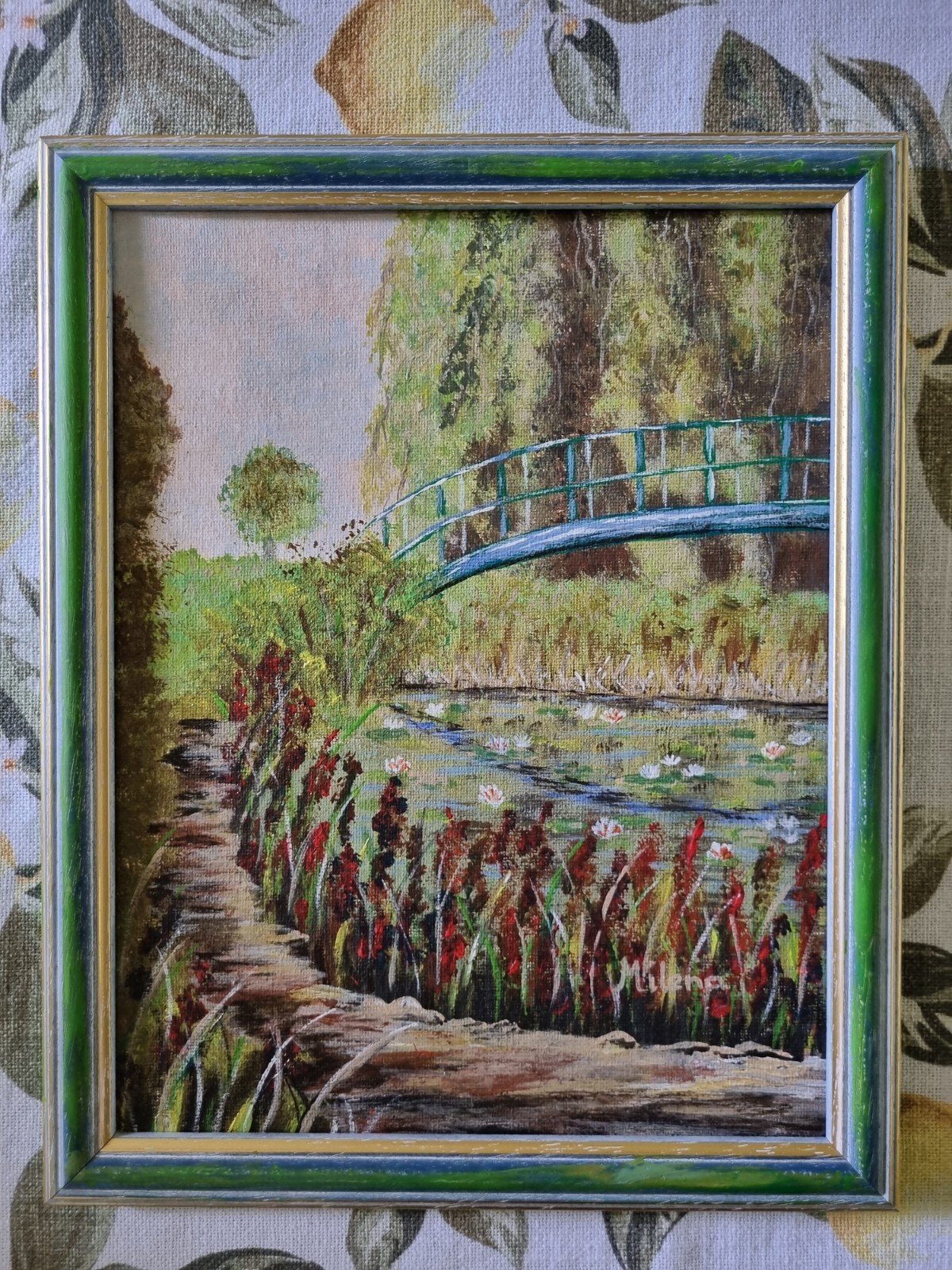 Original abstract framed acrylic painting inspired by Monet’s garden, signed