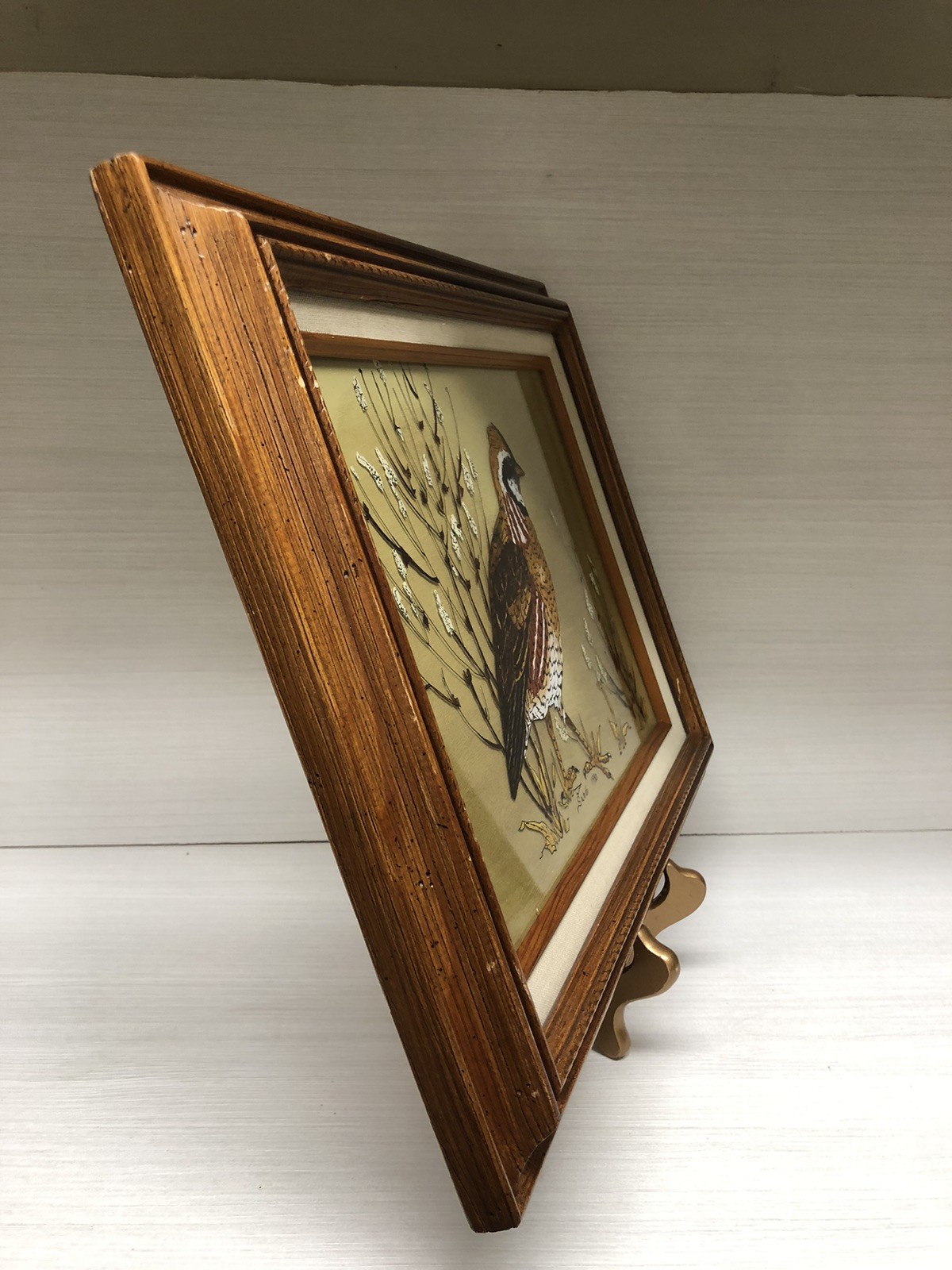 VTG Reverse Glass Art Painting Bowhite Quail Wood Framed Artist Signed 13×16”