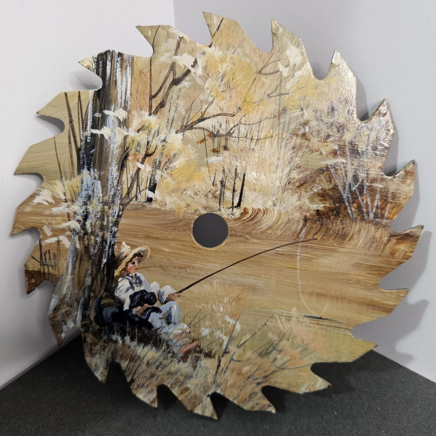 Handpainted 7″ Circular Saw Blade-Peaceful scene of child fishing