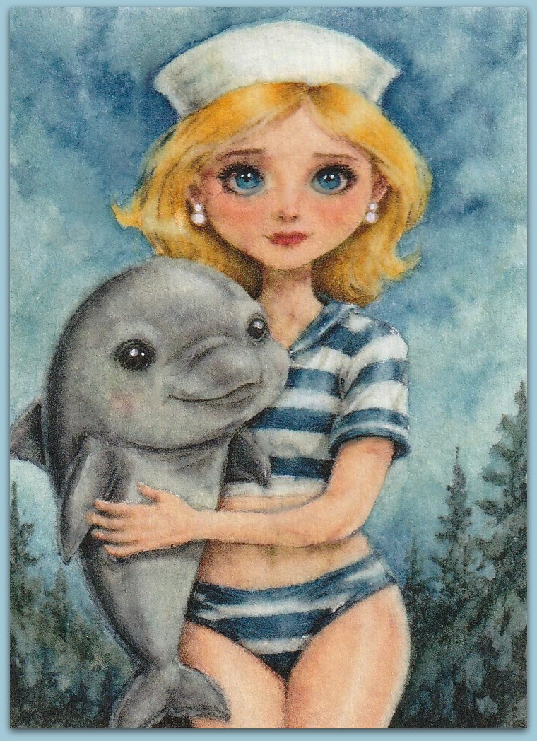 ACEO watercolor painting – sailor dolphin sexy girl woman surreal
