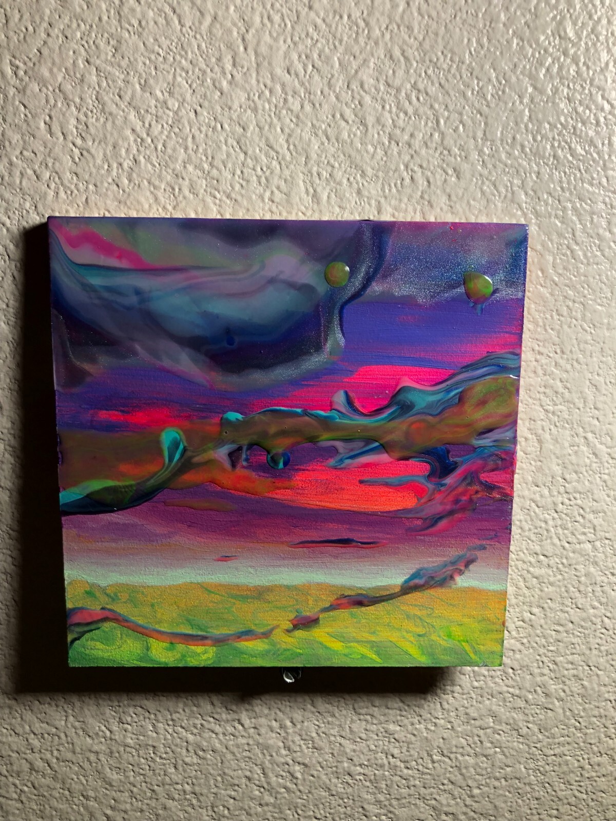 Fluorescent Clouds 2 – Neon Acrylic and Oil Paint on Wood Panel Painting