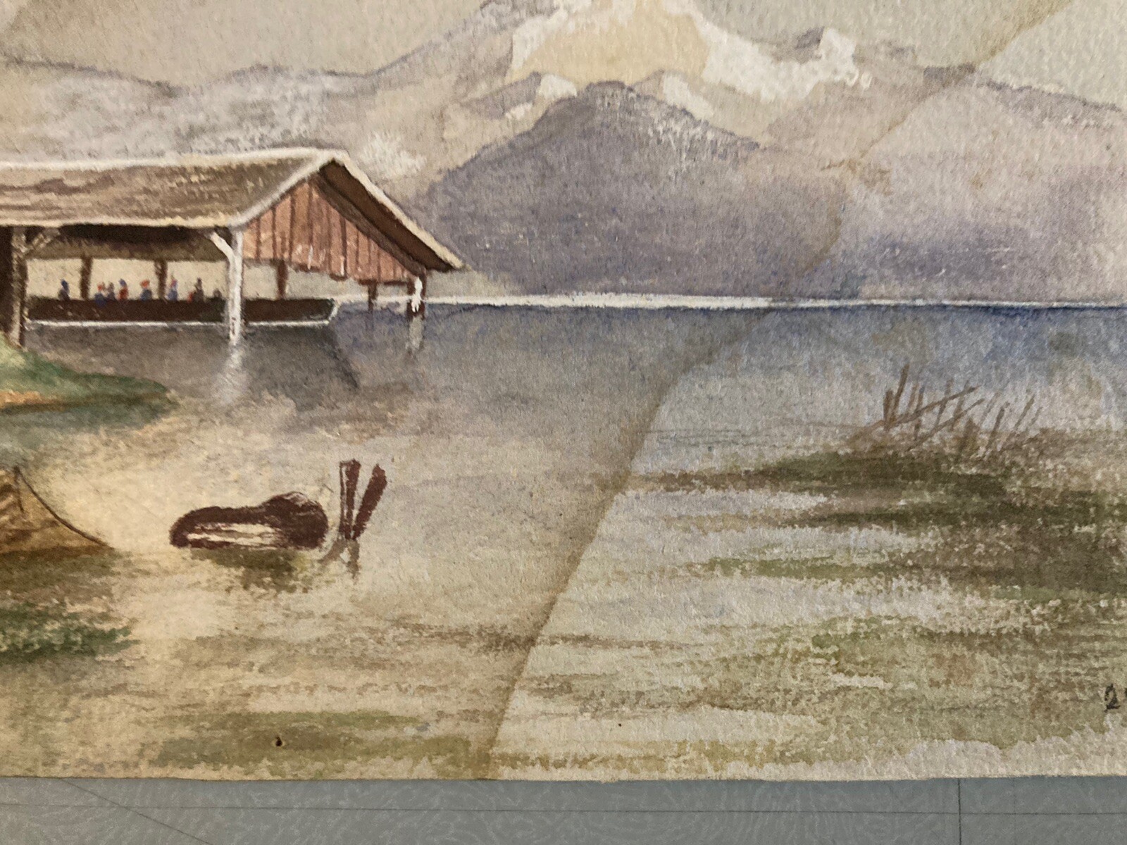 Very beautiful Gouache Original XIXth Art Watercolor Lake Mountain 1868 Antique