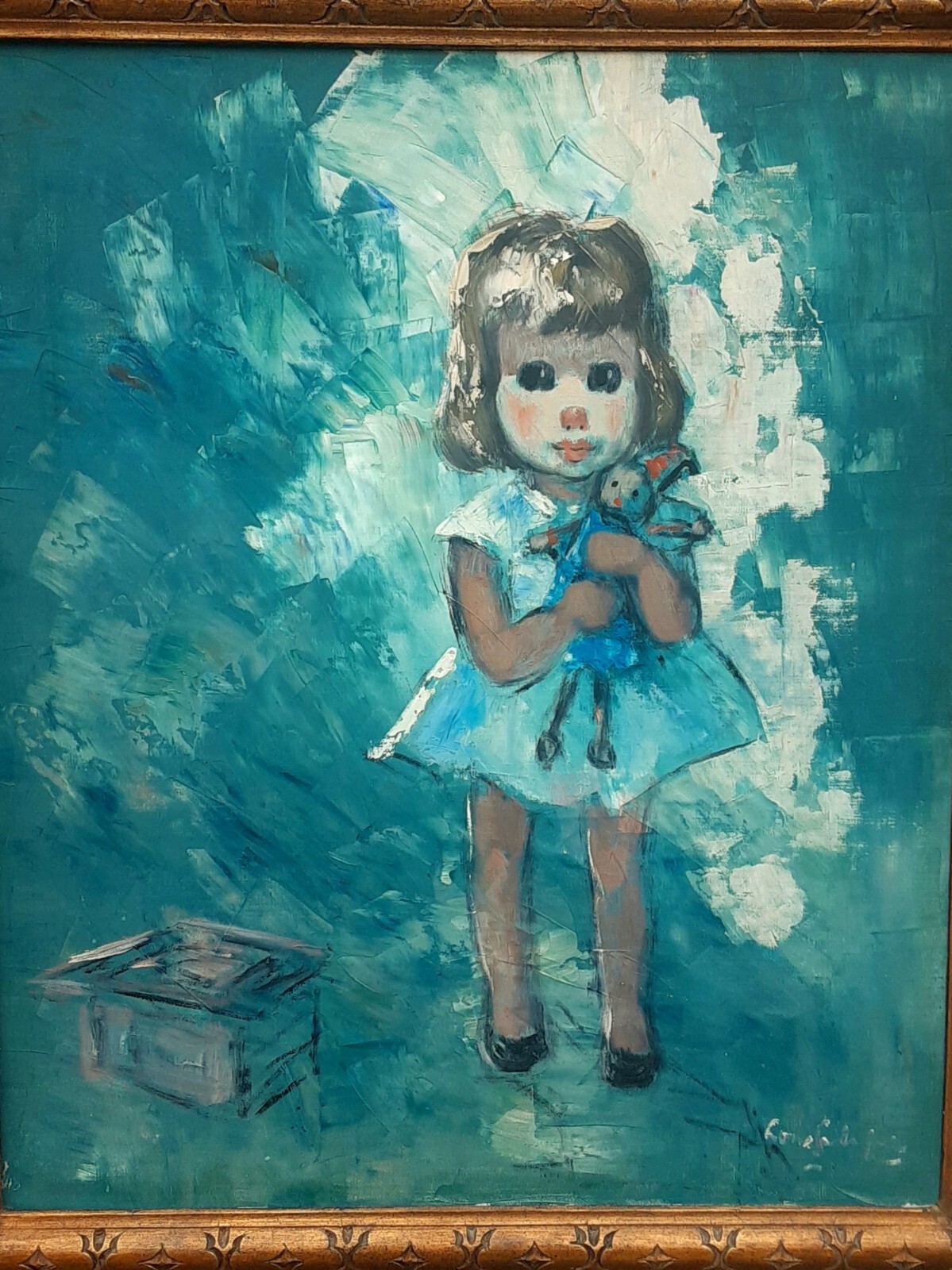 Big Eye Child With Rabbit – Oil On Canvas – Florentine Gilded Frame