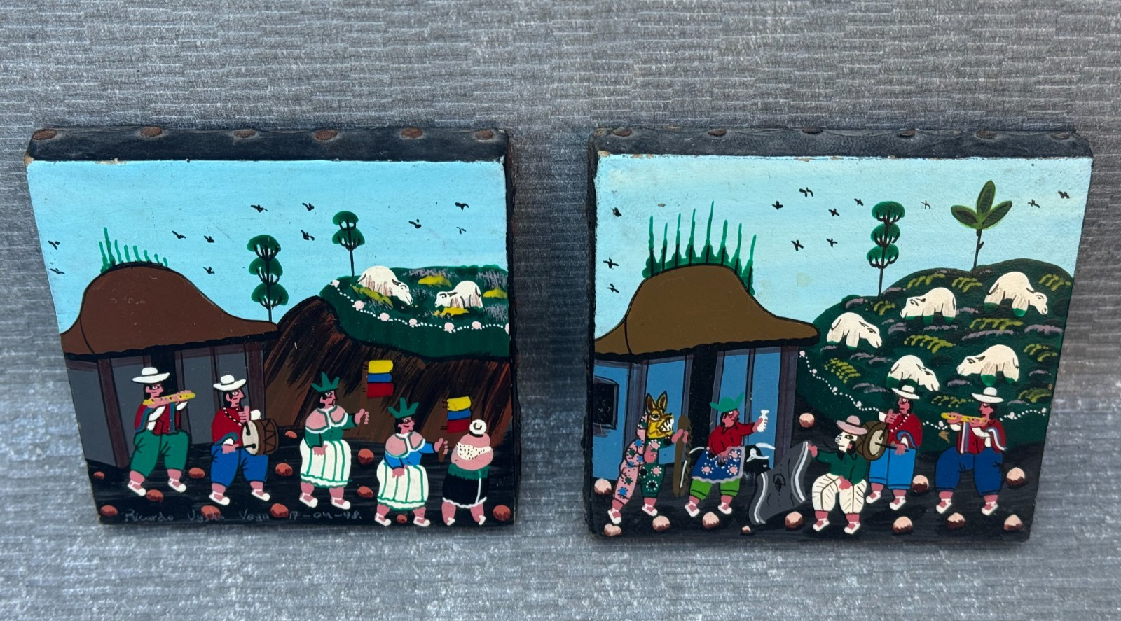 2 ALBERTO RICARDO VEGA ORIGINAL TIGUA PAINTING PERU PERUVIAN FOLK ART ON LEATHER