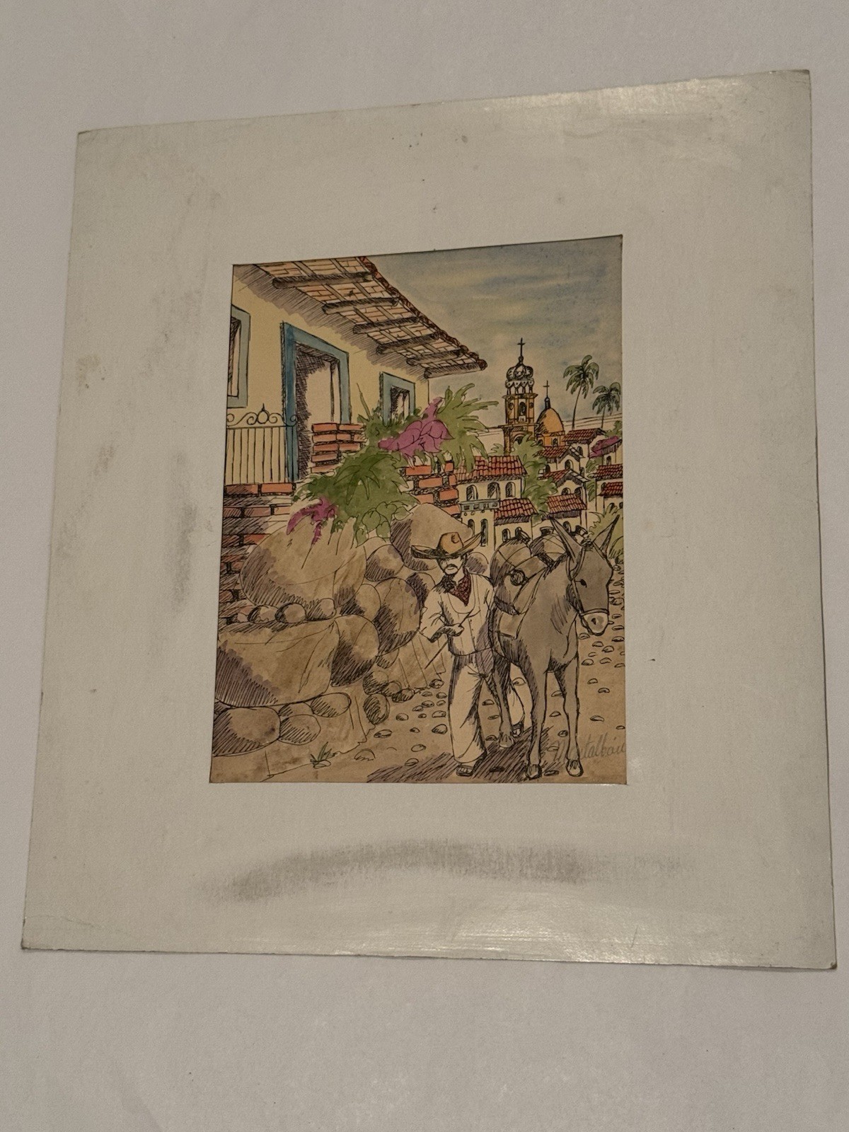 Vintage Water Colour Art Painting Drawing Historical Latin American Theme Signed