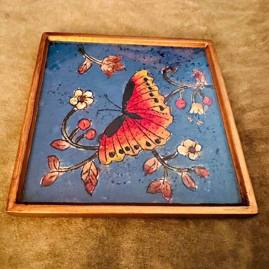 Set of 3 Reverse Painted Glass ‘Butterfly Peace’ Wall Art by Manuel Enciso