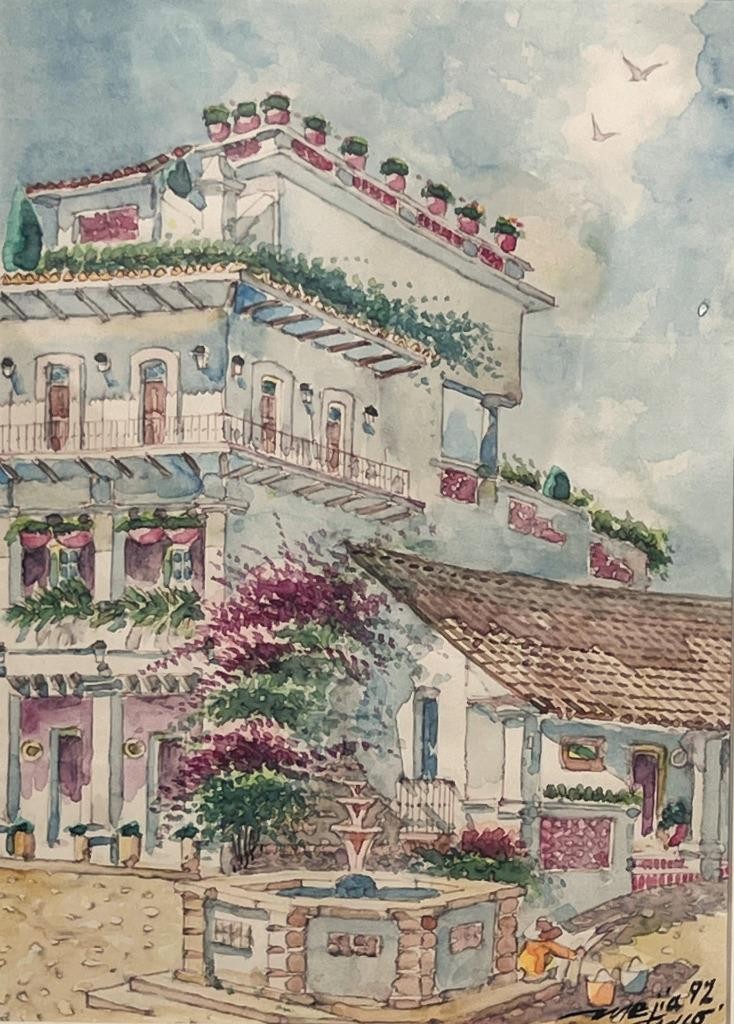 Vintage Mexico Taxco Art Villa Home House Landscape Fountain Watercolor Painting