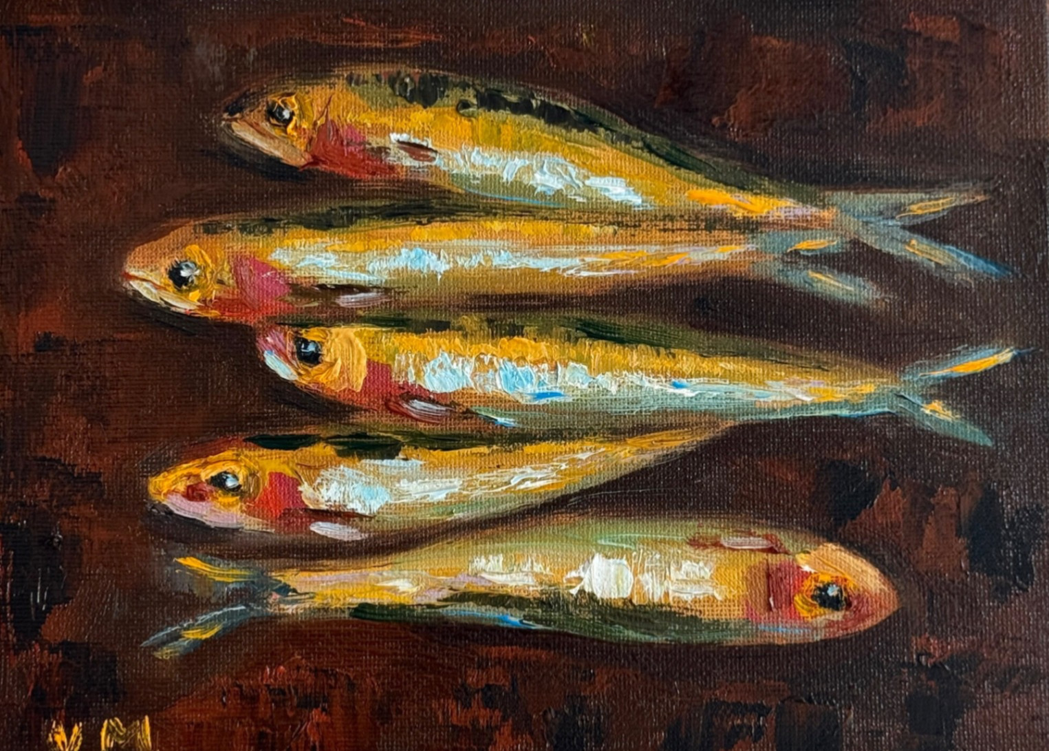 Still Life Fish Wall Art Sardine Oil Painting Kitchen Rustic Decor
